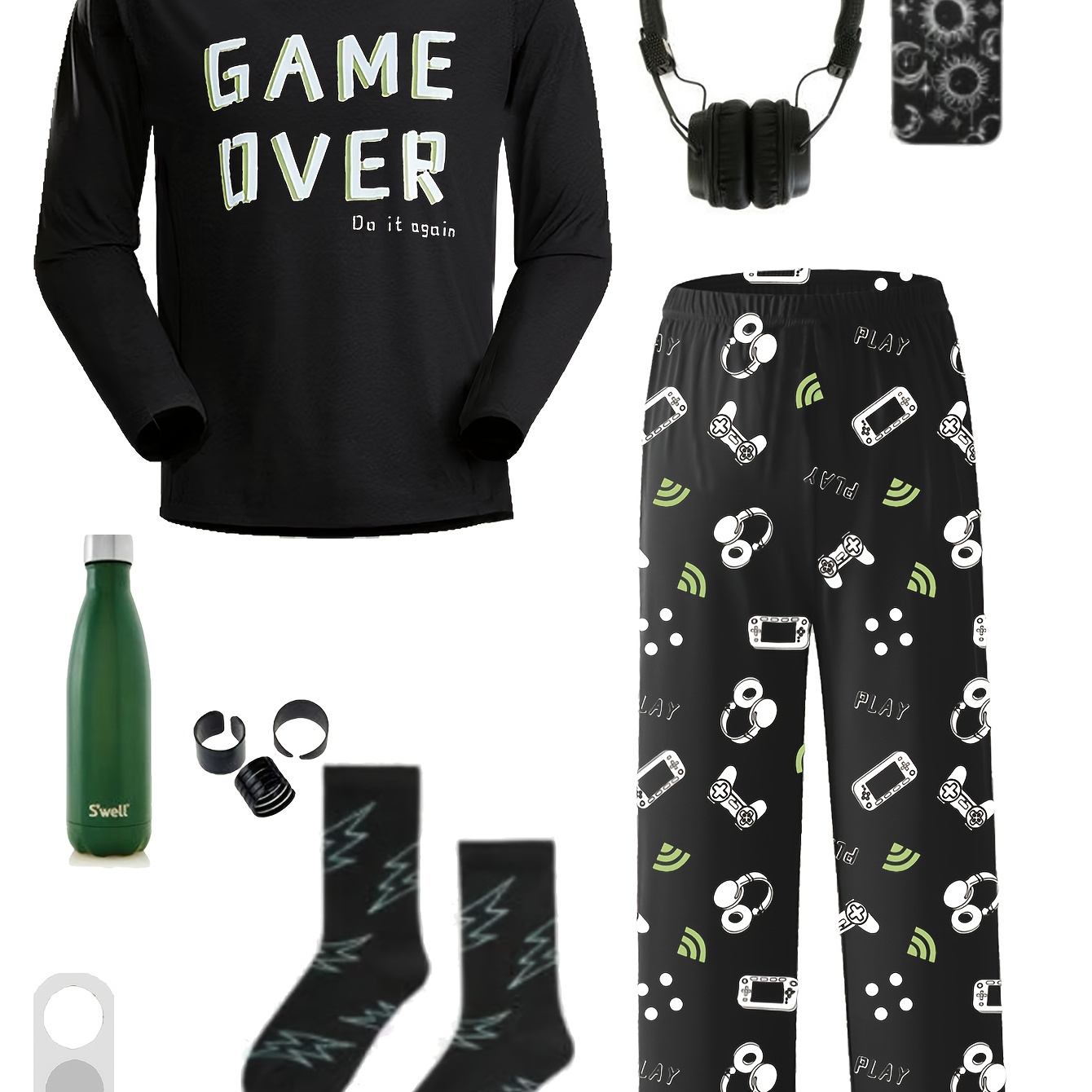 

Boys' Long-sleeve & Game Console Print Pants Set - Comfy, Stretchy Loungewear For Teens