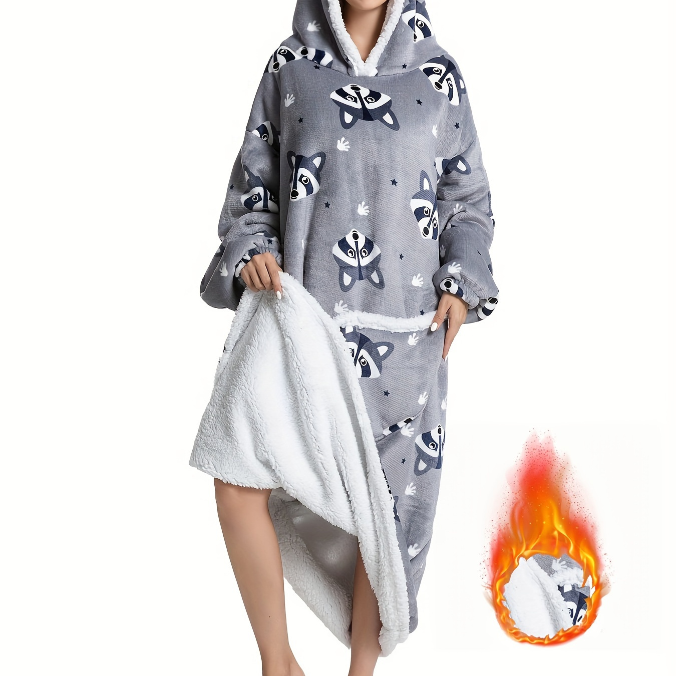 

Cozy Raccoon Print Robe: Soft Fleece, Hooded Design, And Pockets For A Warm And Stylish Winter Look - Available In Plus Sizes