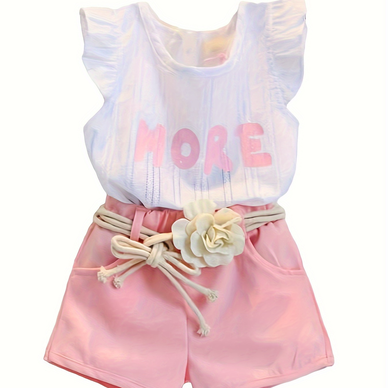 

Girls 2pcs Cotton Jacquard Ruffle T-shirt + Shorts Two-piece Set With Flower Belt, Girls Summer Outfit