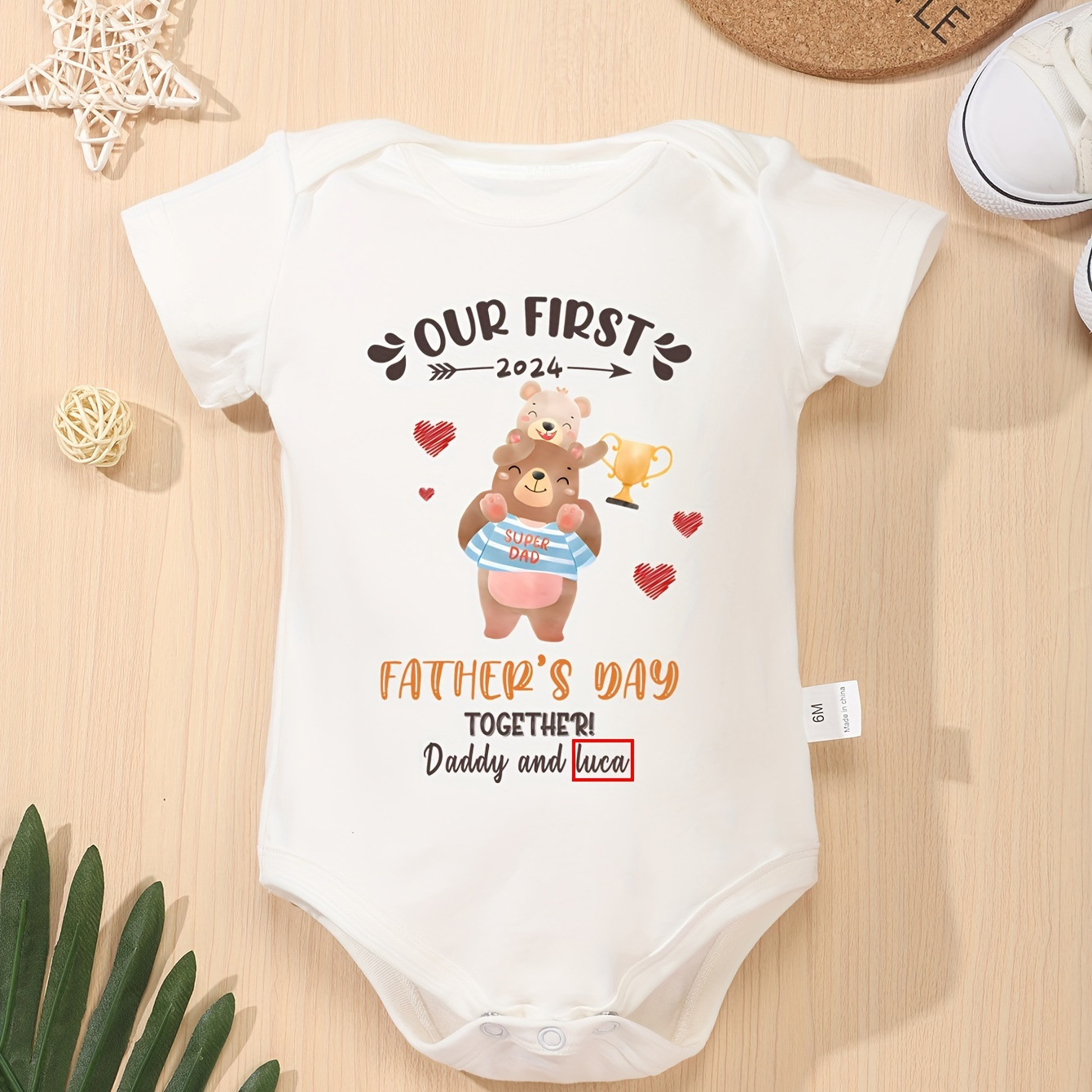 

Our 1st Father's Day Together & Customized Text & Bears Print Baby Boys & Girls Personalized Cotton Bodysuit Onesie, Cozy Short Sleeve Jumpsuit Romper Top Newborn Gifts