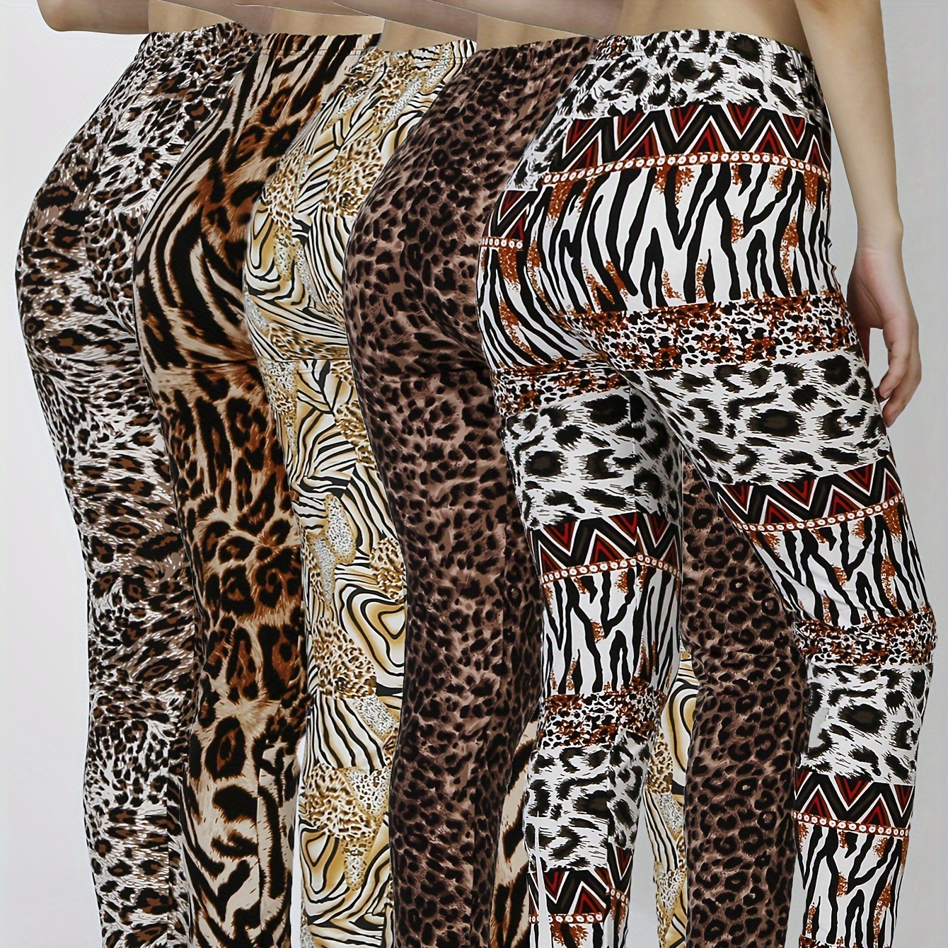 

5 Pack Leopard Print Skinny Leggings, Casual High Waist Stretchy Sporty Leggings For Fall & Winter, Women's Clothing