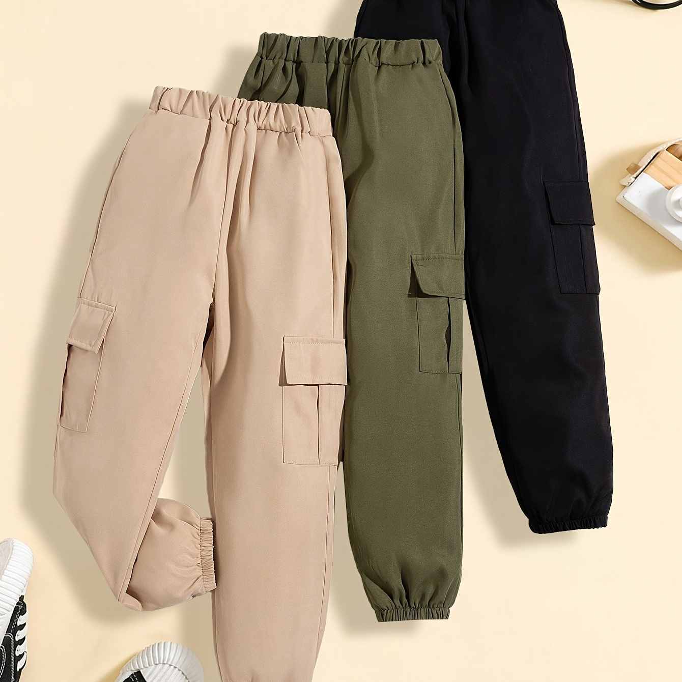 

Filles 3pcs/set Pantalon cargo tendance et décontracté de couleur unie avec poches à rabat pour le printemps et l'été en plein air