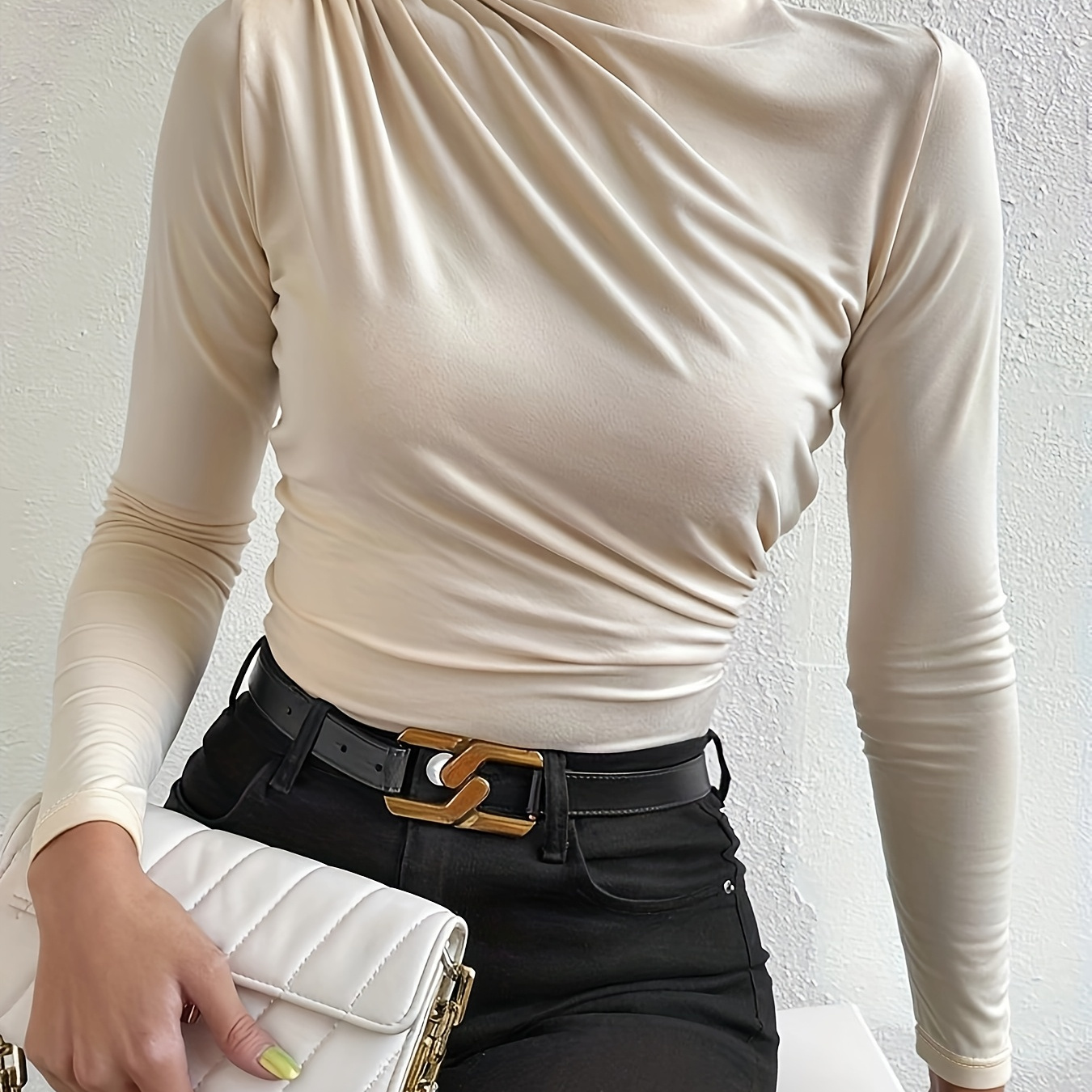

Elegant Women' Color Knit T-shirt - Slim Fit, Stretchy Polyester With Elastane, Machine Washable, Stand Collar - Fall/winter