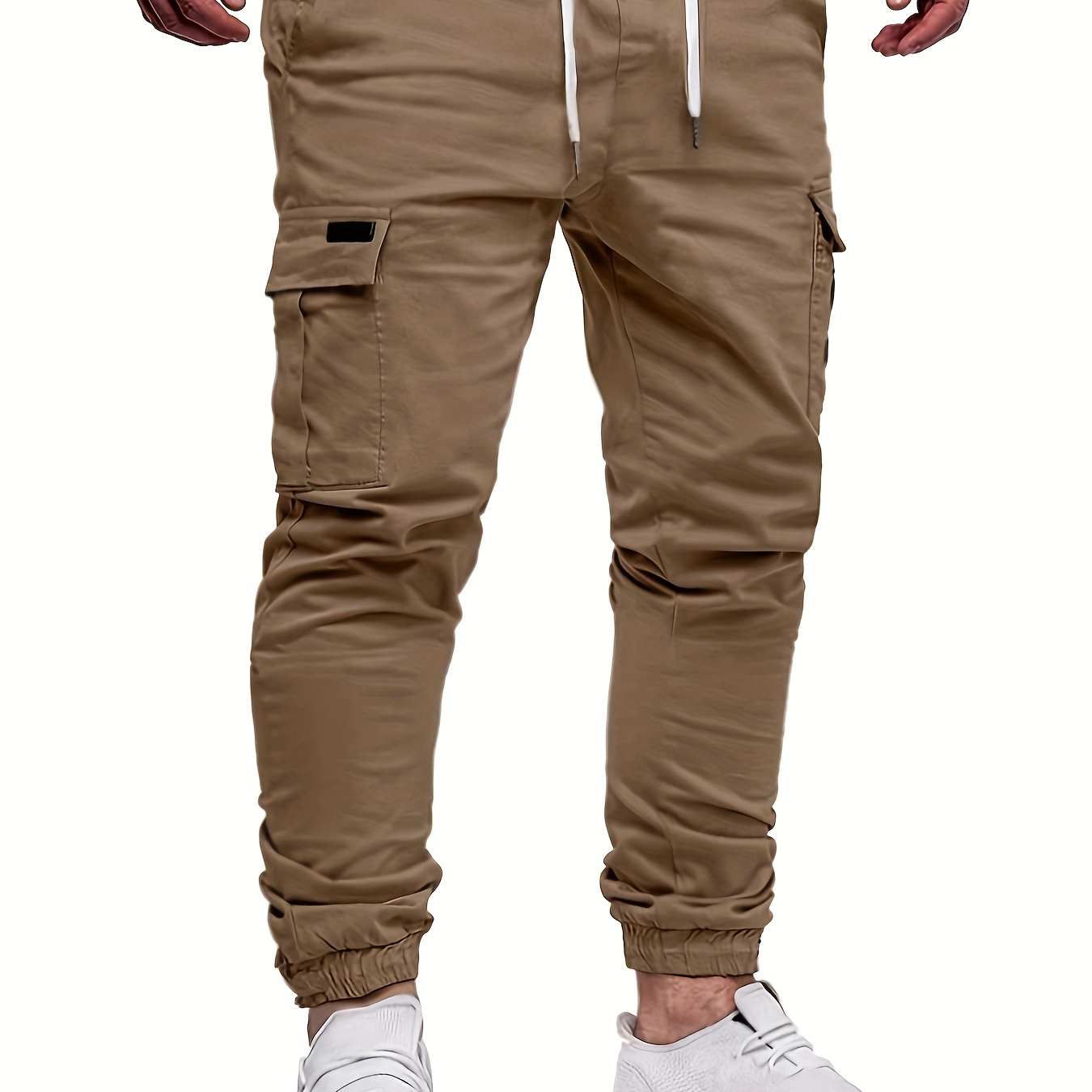 

Men's Fashion, Regular Fit And Cuffed Solid Cargo Pants With Flap Pockets, Chic And Trendy Solid Drawstring Leisure Trousers For Daily Outerwear