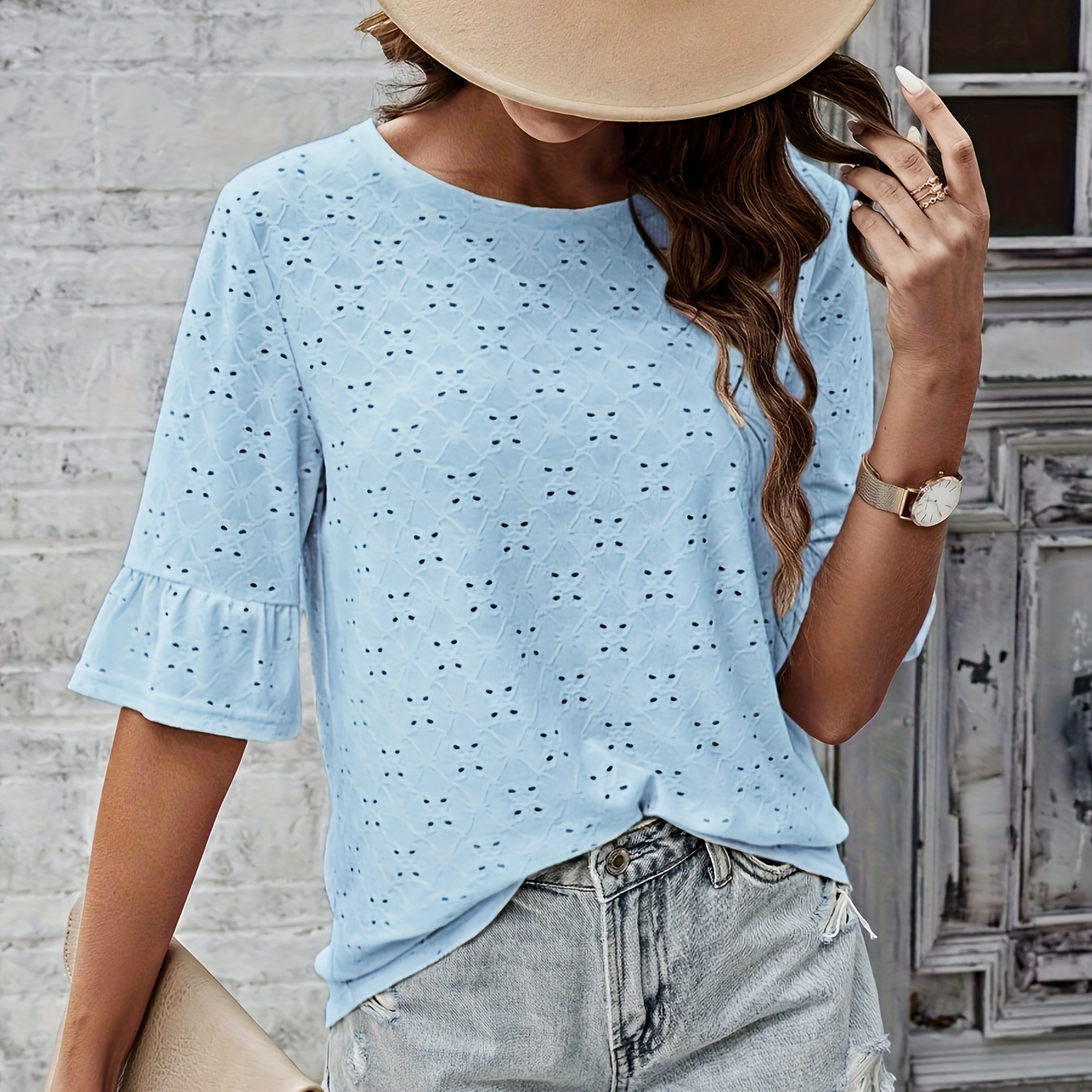 

Eyelet Crew Neck T-shirt, Casual Short Flare Sleeve T-shirt For Spring & Summer, Women's Clothing