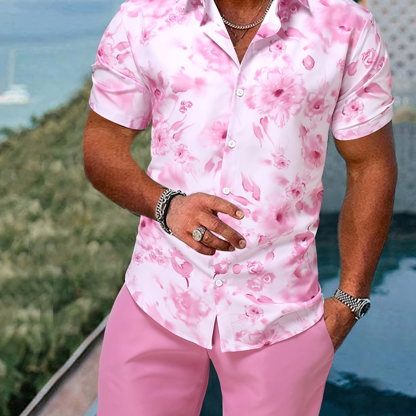 

Men's Outfit, Casual Floral Print Lapel Short Sleeve Button Up Shirt & Shorts 2-piece Set For Summer Outdoor Activities