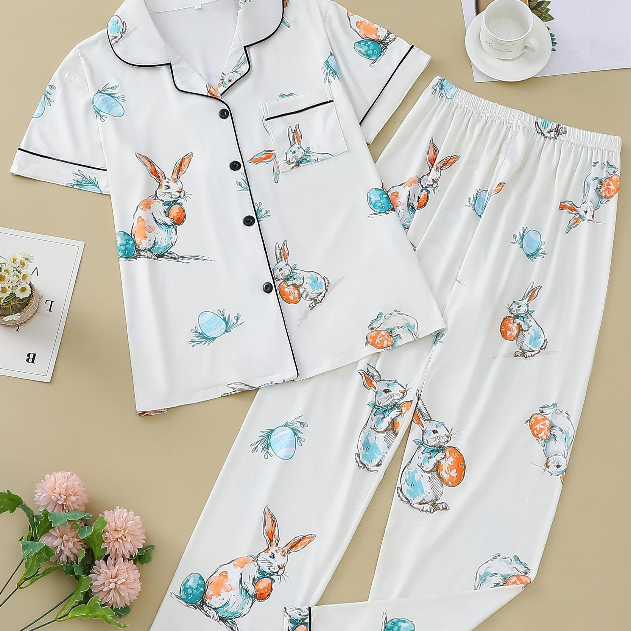 

Cute Bunny With Egg Print Pajama Set For Easter, Short Sleeve Button Up Lapel Collar Top & Elastic Pants, Women's Sleepwear & Loungewear