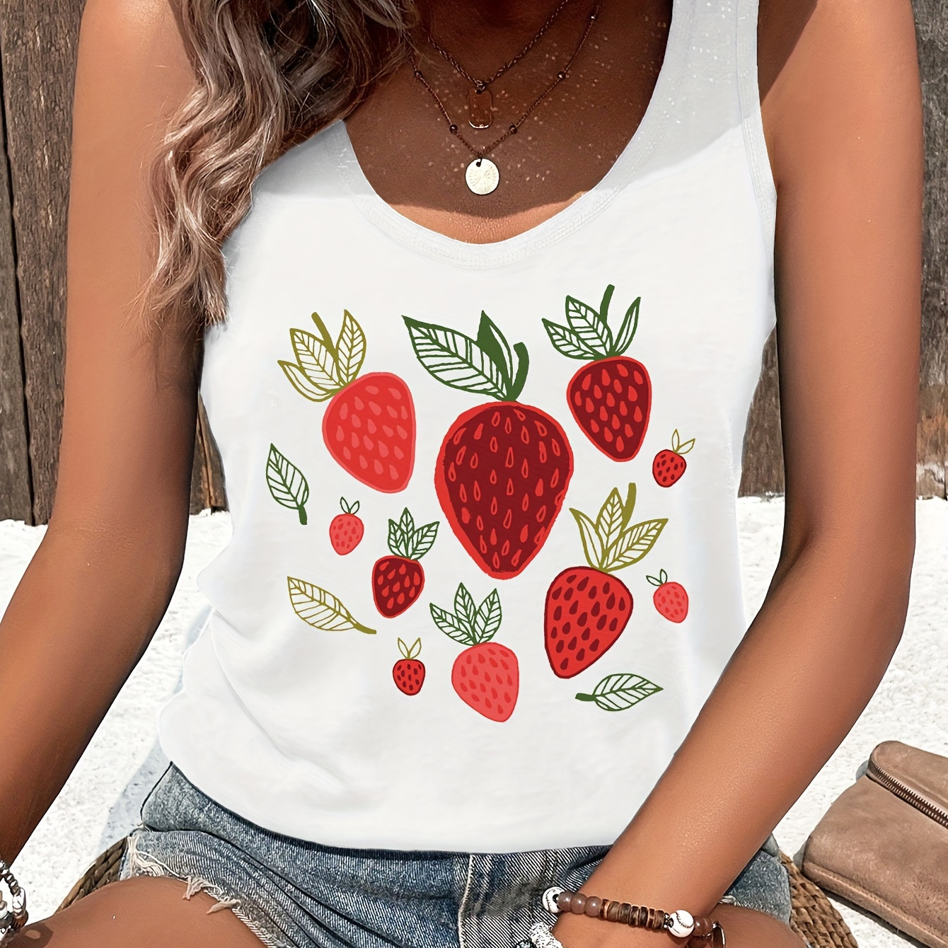 

Chic Strawberry Print Top For Women - Casual Sleeveless Crew Neck, Stretchy Polyester , Machine Washable -