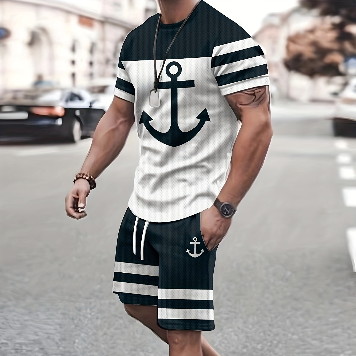 

2-piece Men's Anchor Print Summer Leisure Outfit Set, Color Block Men's Short Sleeve T-shirt & Pocket Drawstring Shorts Set