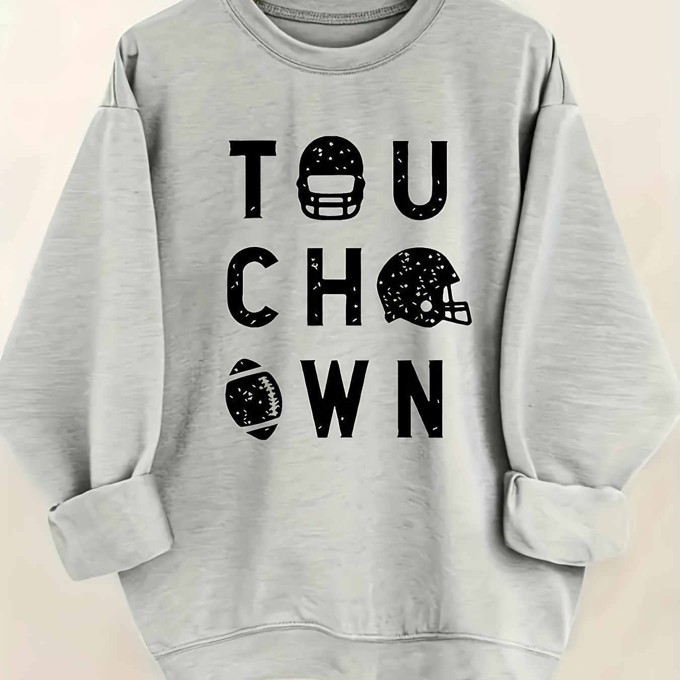 

Women's Plus Size Casual Crew Neck Sweatshirt With Cartoon Football Graphic, 100% Polyester Knit Fabric With Slight Stretch, Long Sleeve Pullover For Fall/winter - "touchdown" Print Design