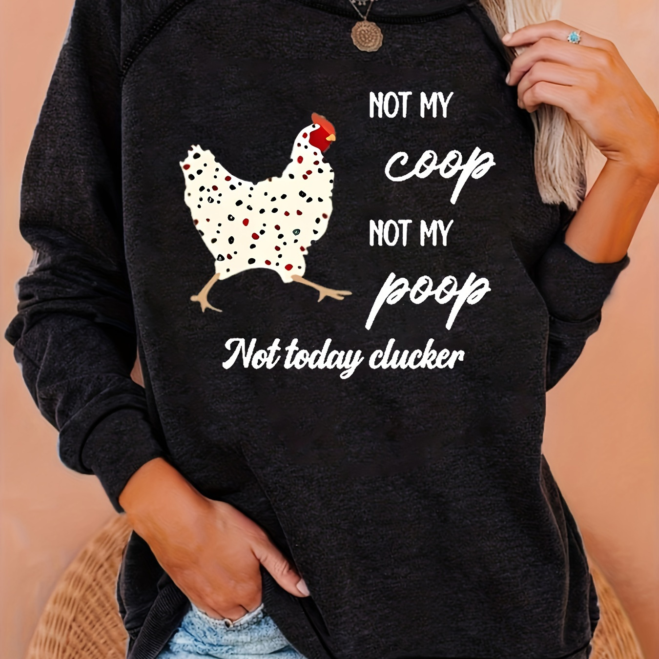 

Cartoon Chicken Print Pullover Sweatshirt, Casual Raglan Long Sleeve Crew Neck Sweatshirt For Fall & Winter, Women's Clothing