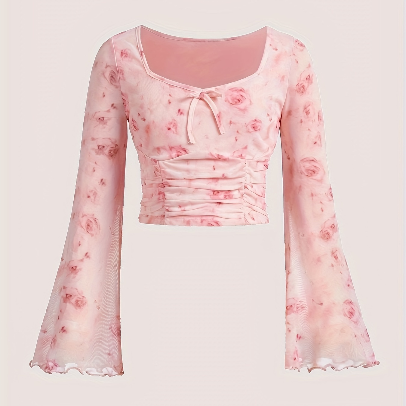 

Knit Floral Print Frill Long Sleeve Square T-shirt For Girls, Cute And Comfy Summer Top Daily Wear Birthday Gift