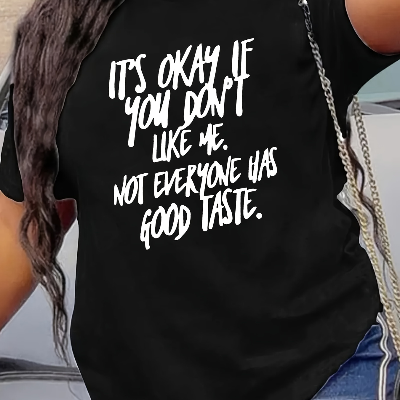 

It's Okay If You Don't Like Me Print Crew Neck T-shirt, Solid Short Sleeve Fashion Loose Tee, Women's Tops