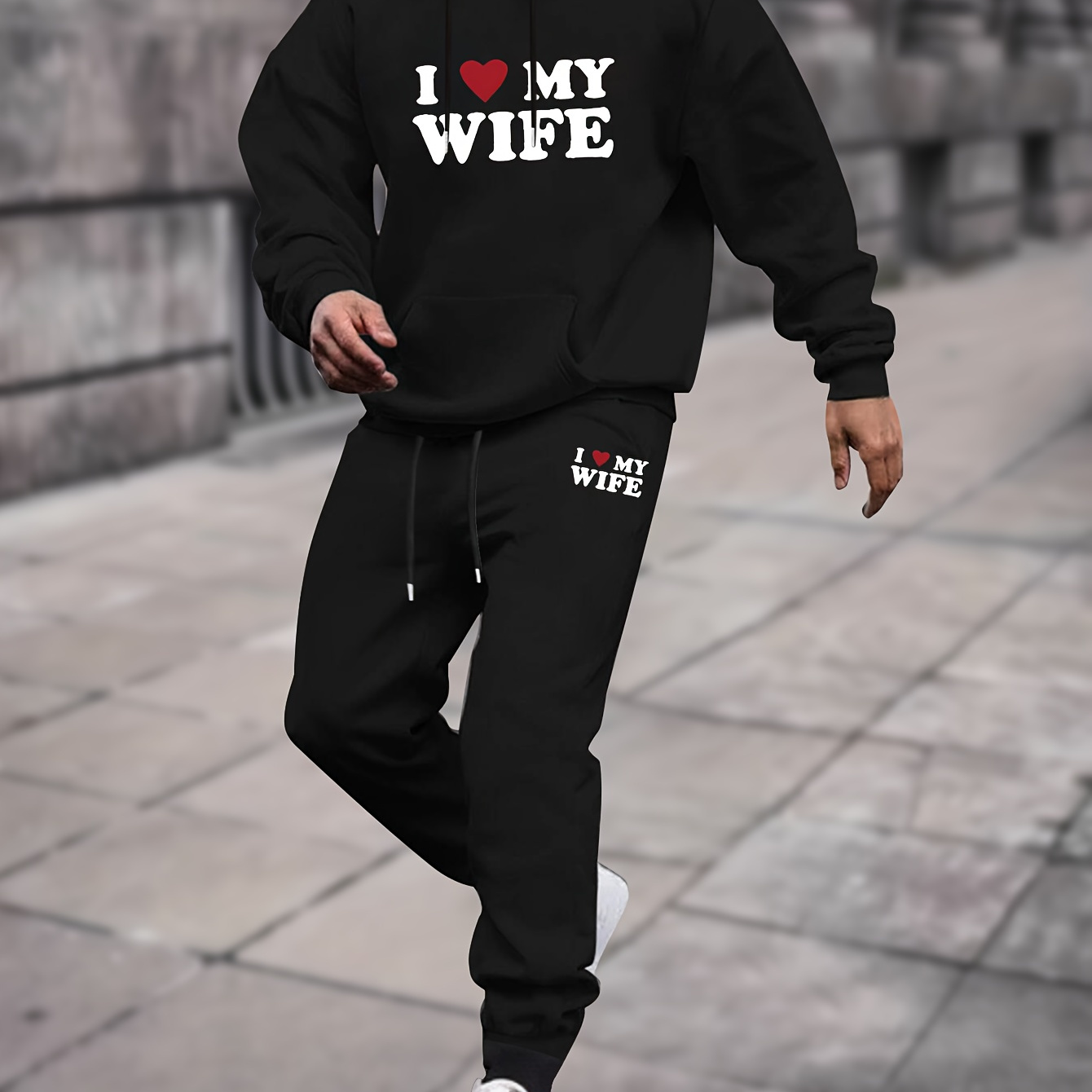 

I Love My Wife Print Trendy Hoodie & Solid Drawstring Sweatpants Set, Men's Comfy Fall Winter Outfit