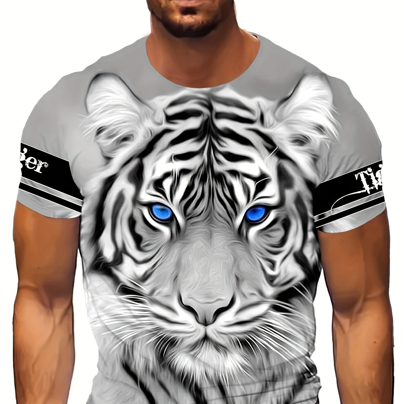 

Tiger Print T-shirt, Men's Casual Street Style Stretch Round Neck Tee Shirt For Summer