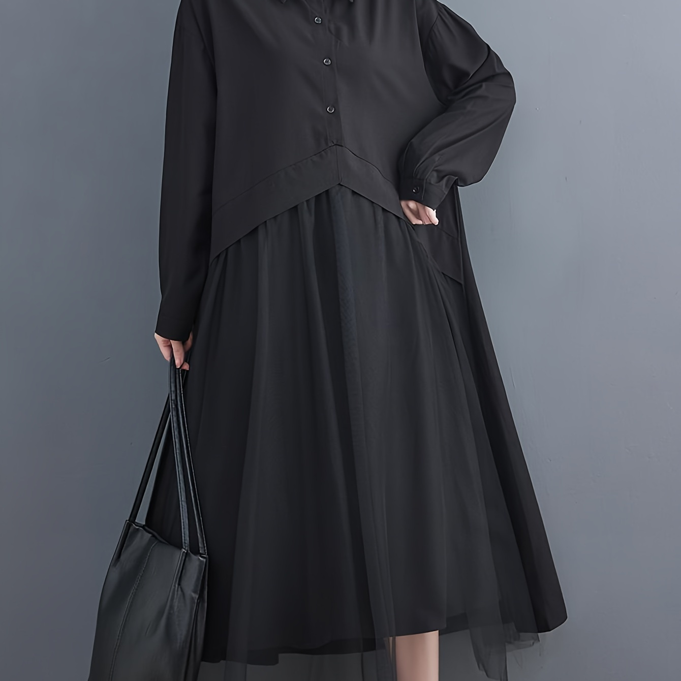 

Casual Black Polyester Long Sleeve Lapel Dress With Mesh Layered Tiered Hem - Loose Fit Shirting Long Length Adult Dress With Drop Shoulder Design