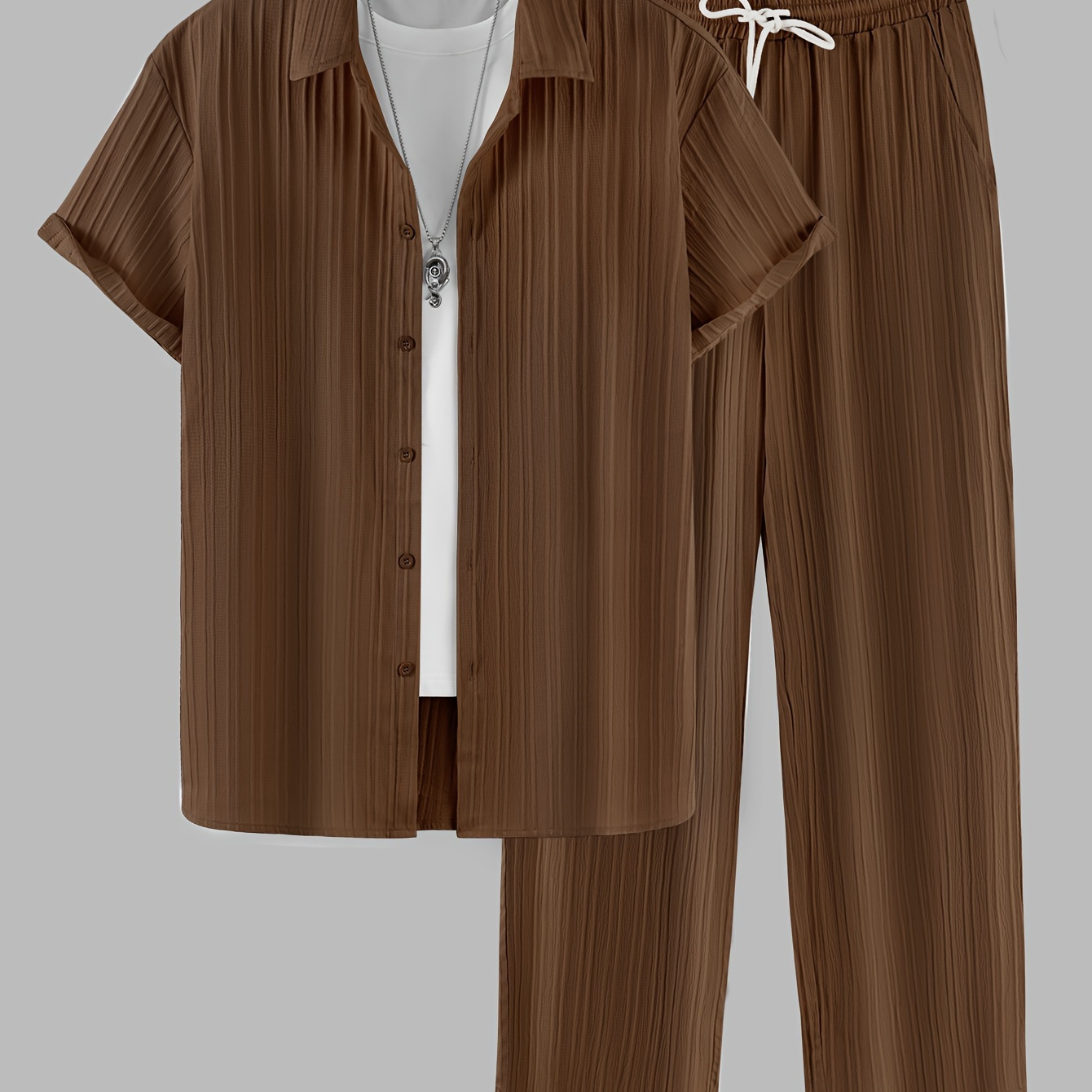 

2-piece Men's Stylish Spring Summer Vacation Outfit Set, Men's Short Sleeve Lapel Shirt & Drawstring Long Pants Set