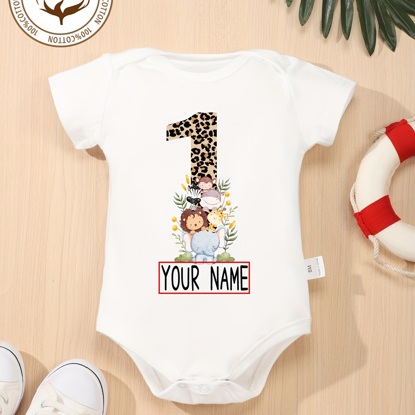 

100% Cotton Baby Onesies 1 Year Old......name Customization And Leopard Pattern Numbers And Animals Pattern Print Comfortable Fashion Round Neck Baby Onesies