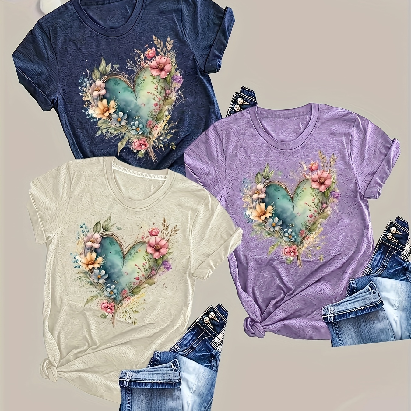 

[3pcs Plus Size Floral Print T-shirts] Pack Of Size Floral Heart Print T-shirts For Women, Casual Crew Neck, Polyester Knit Tops With Slight Stretch, For Summer