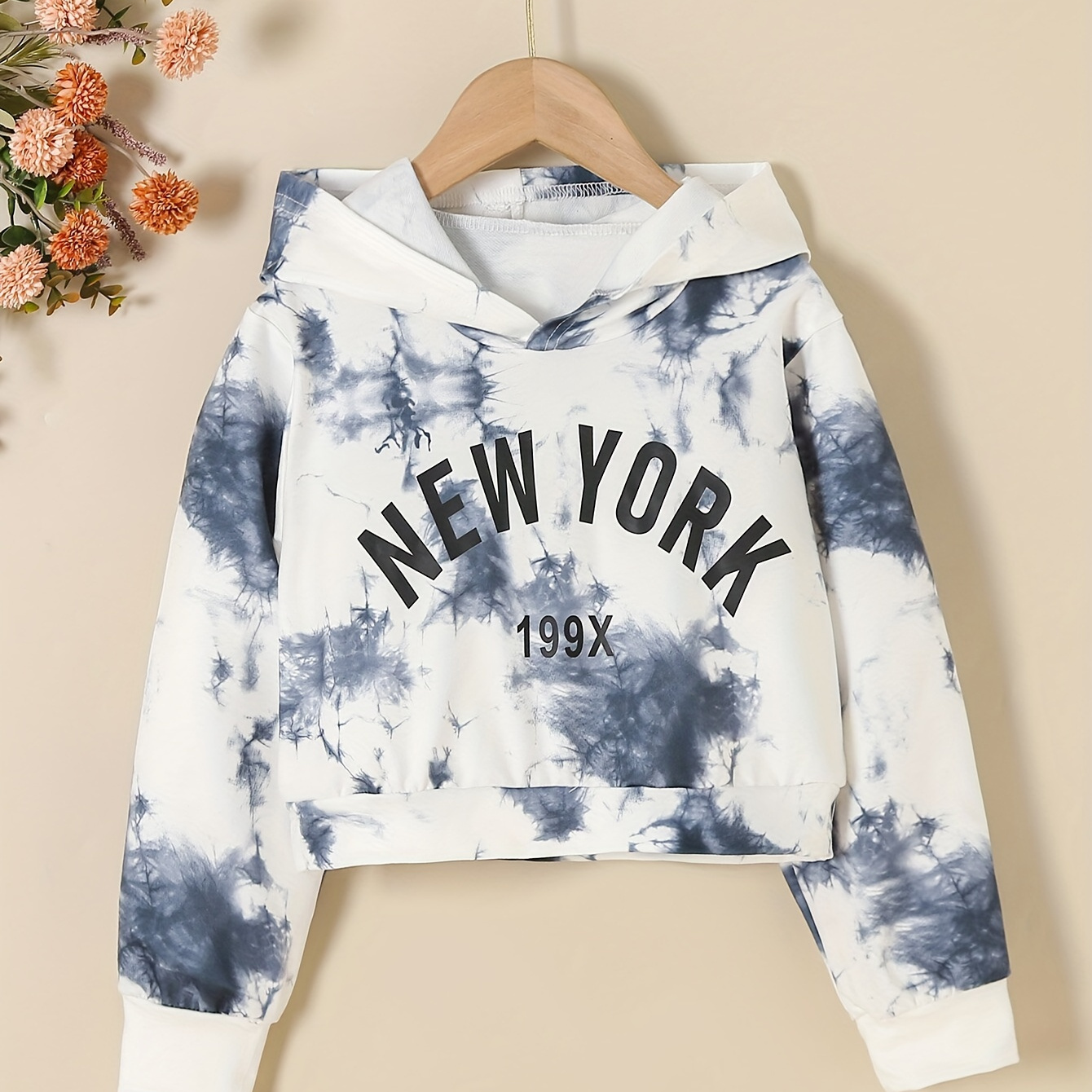 

New York 199x Print, Girls Trendy & Casual Long Sleeve Tie Dye Hoodie For Fall & Winter, Girls Clothes