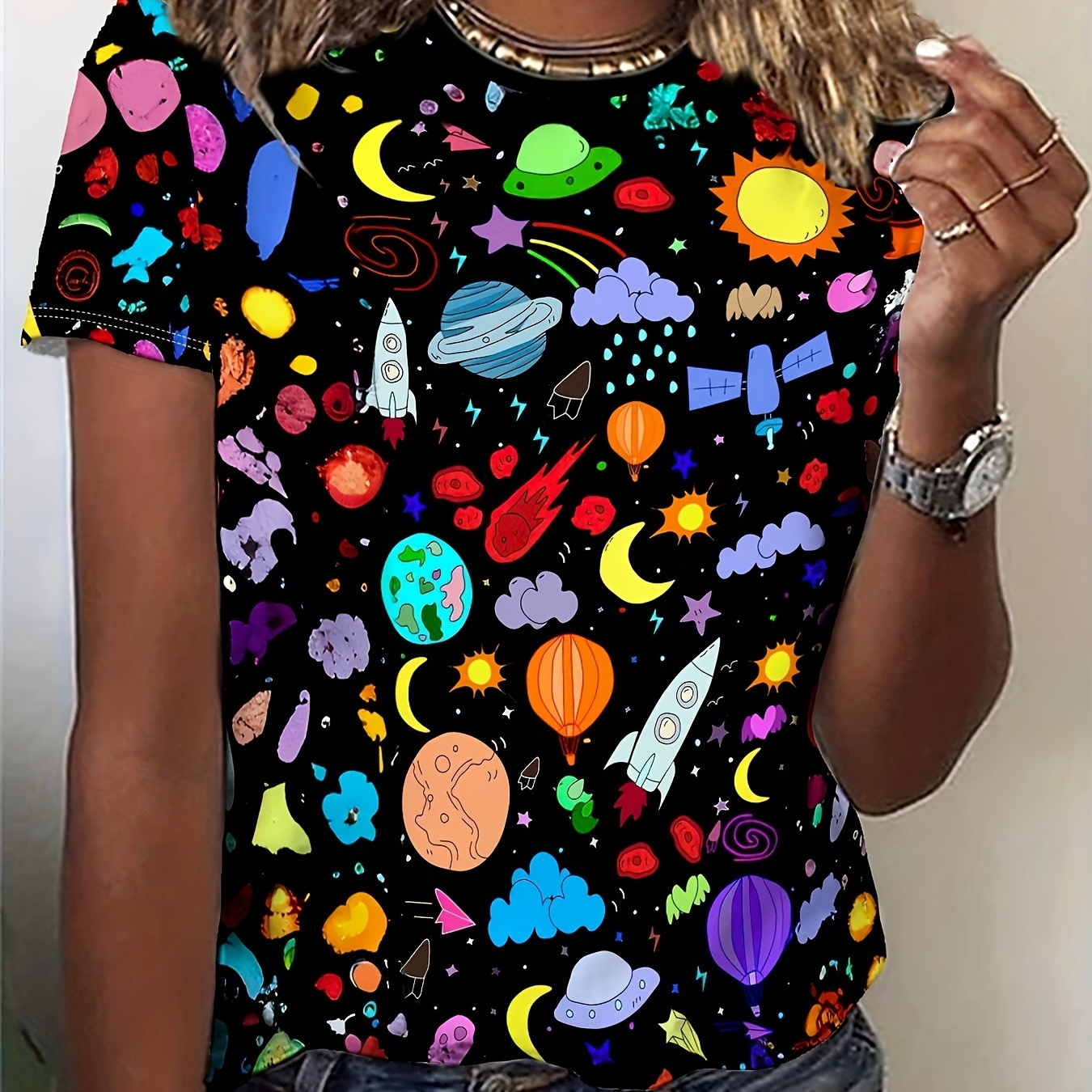 

Planet Print Crew Neck T-shirt, Short Sleeve Casual Top For Spring & Summer, Women's Clothing