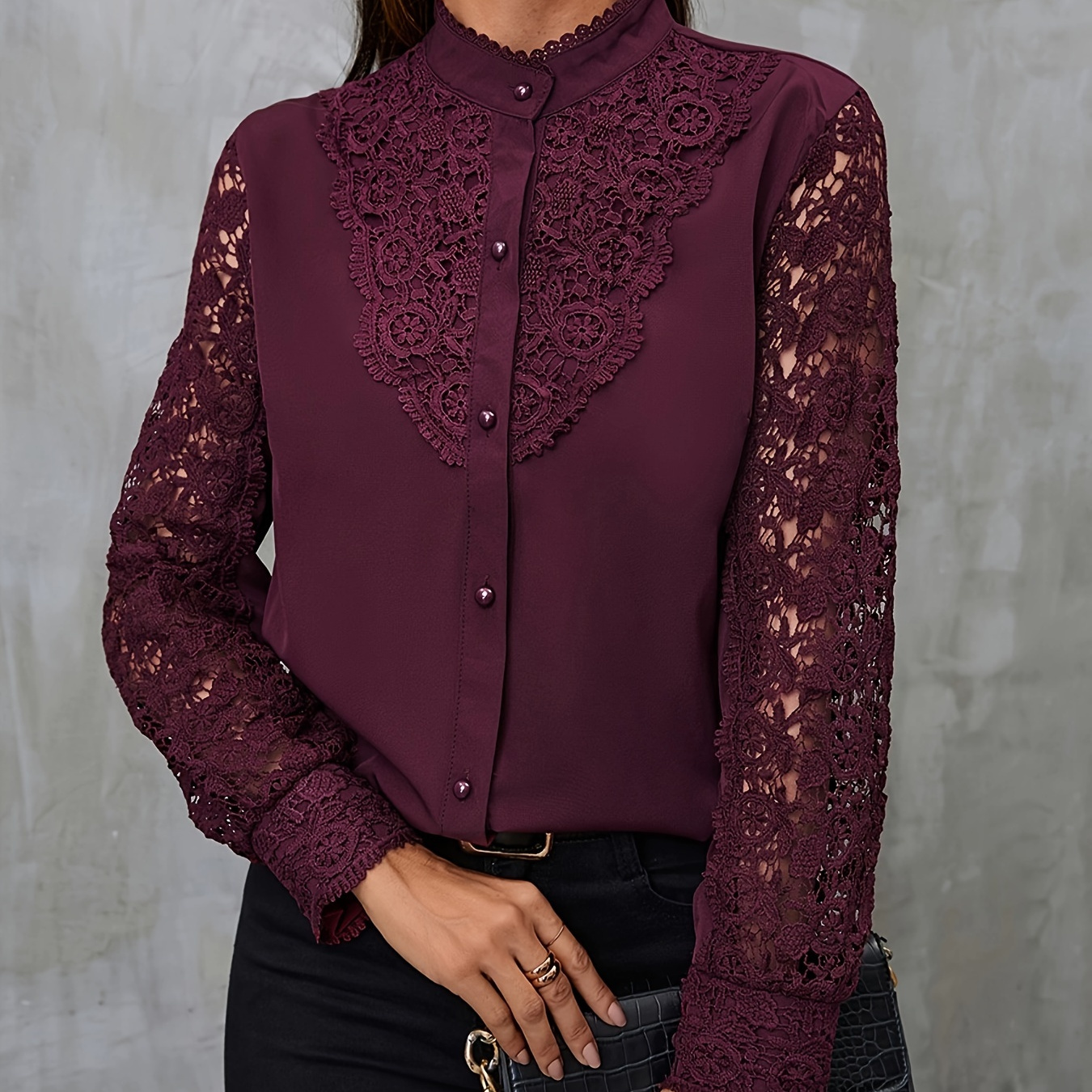 

Lace Splicing Button Front Blouse, Vintage Long Sleeve Loose Solid Color Blouse, Women's Clothing