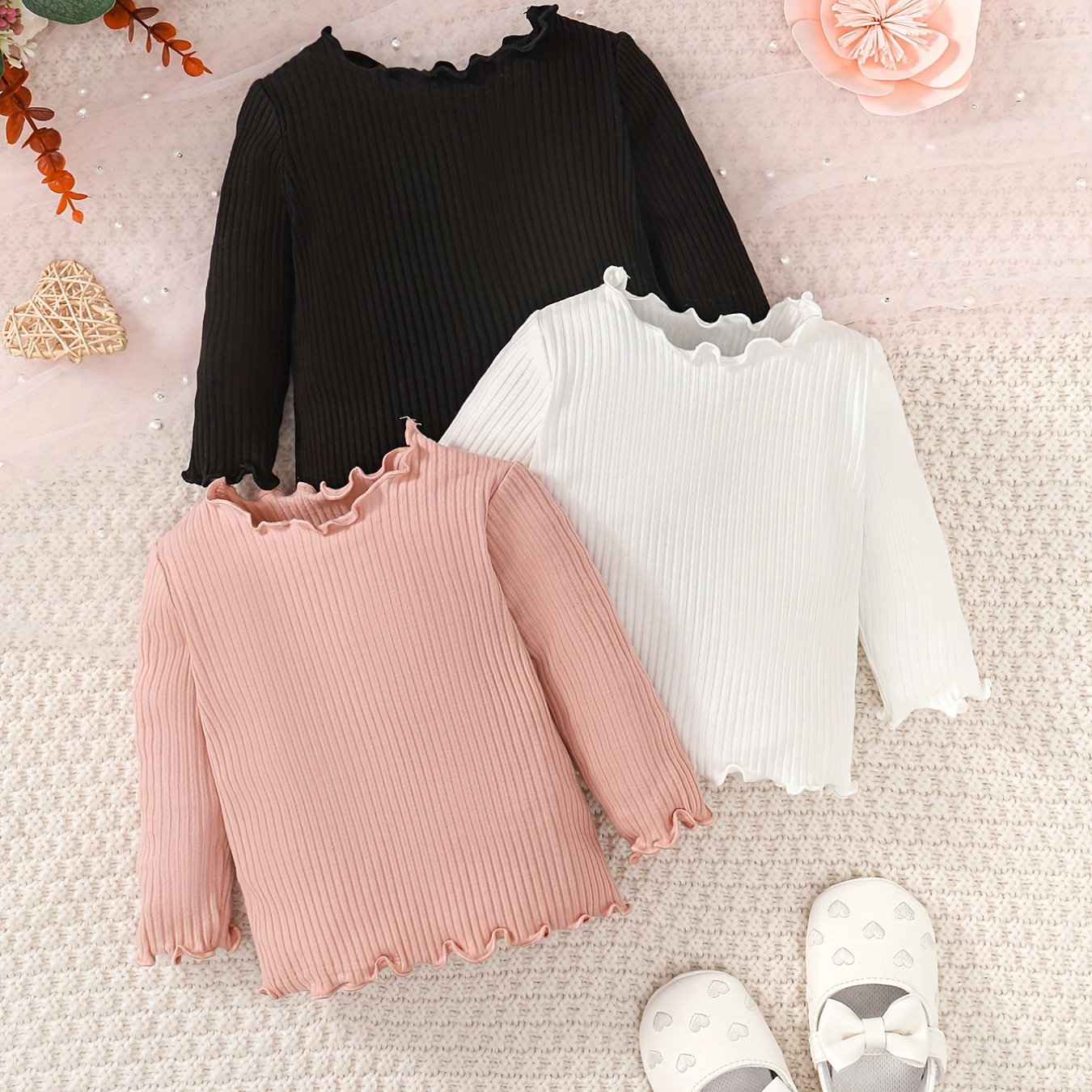 

Baby Girl's Ribbed Knit All-match Long-sleeved T-shirt 3pcs, Kid's Casual Pullover Tops Set