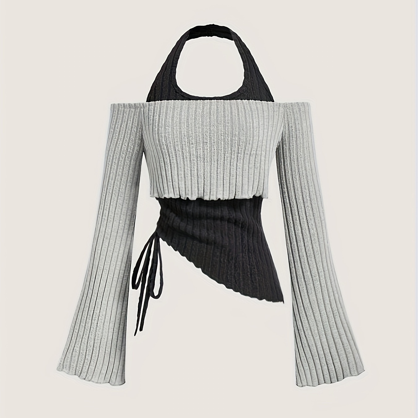 

Elegant Two-piece T-shirt Set With Off-shoulder Cut-out & Side Drawstring, Asymmetrical Flared Sleeves - Chic Black & Gray Ribbed Top, Polyester/spandex , Machine Washable - Ideal For All