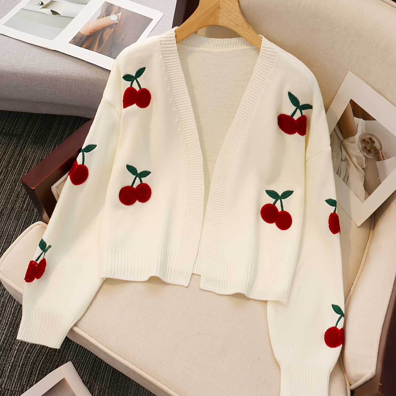 

Women's Casual Acrylic Knit Cardigan With Embroidered 3d Cherry Detail, Drop Shoulder Long Sleeve Sweater With Slight Stretch And No Padding - Loose Pattern Outerwear With Cardigan Collar