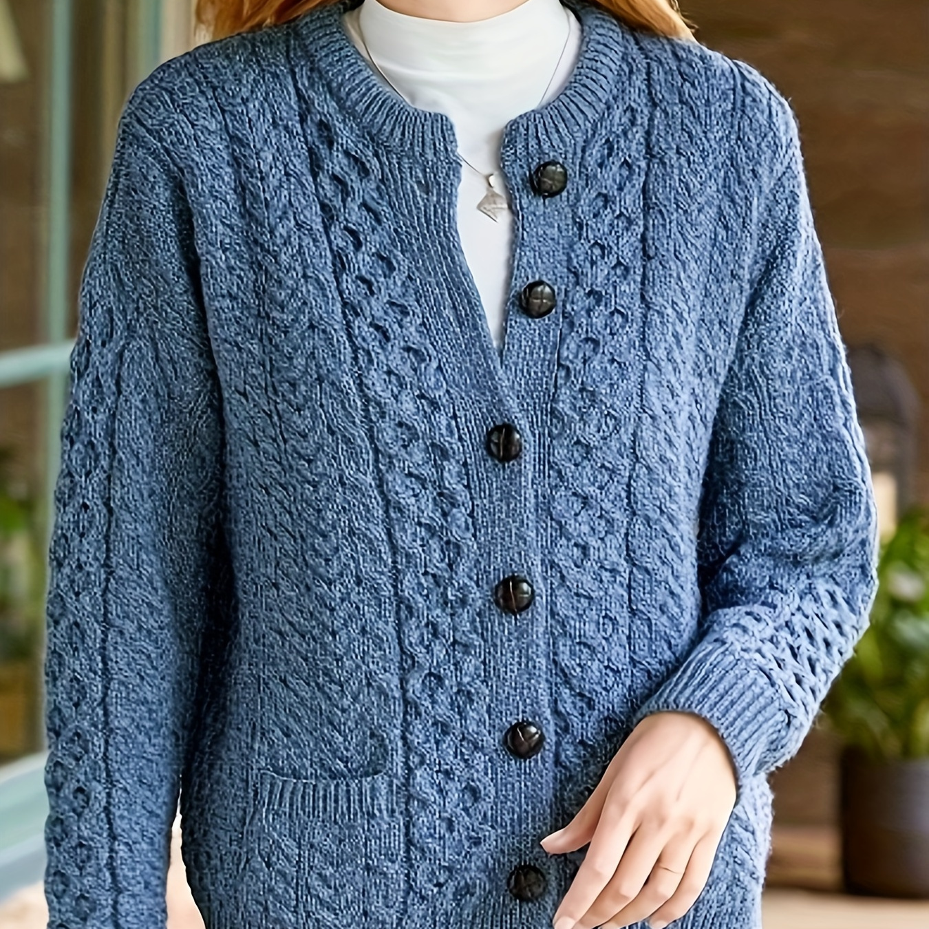 

Solid Button Up Knit Cardigan, Casual Crew Neck Long Sleeve Sweater With Pocket, Women's Clothing