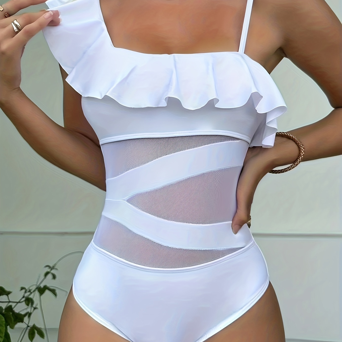 

Mesh Contrast Ruffle Asymmetric One-piece Swimsuit, Plain White Medium Stretch Cute Bathing Suits, Women's Swimwear & Clothing Valentine's Day