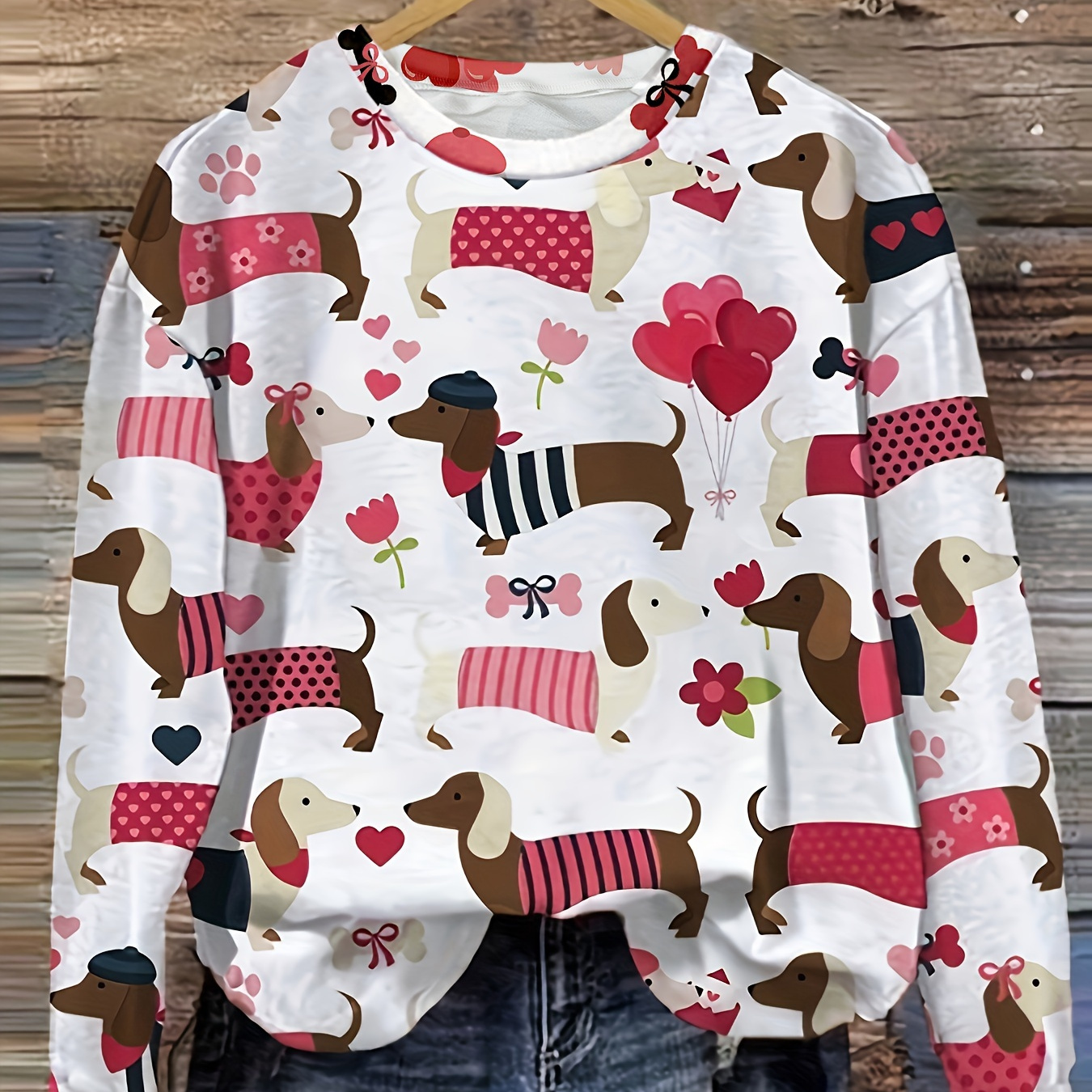 

1pc Women's Casual Crew Neck Polyester Sweatshirt With Cartoon Dachshund Print, Knit Fabric, Medium Stretch, Regular Length - Spring/fall Fashion