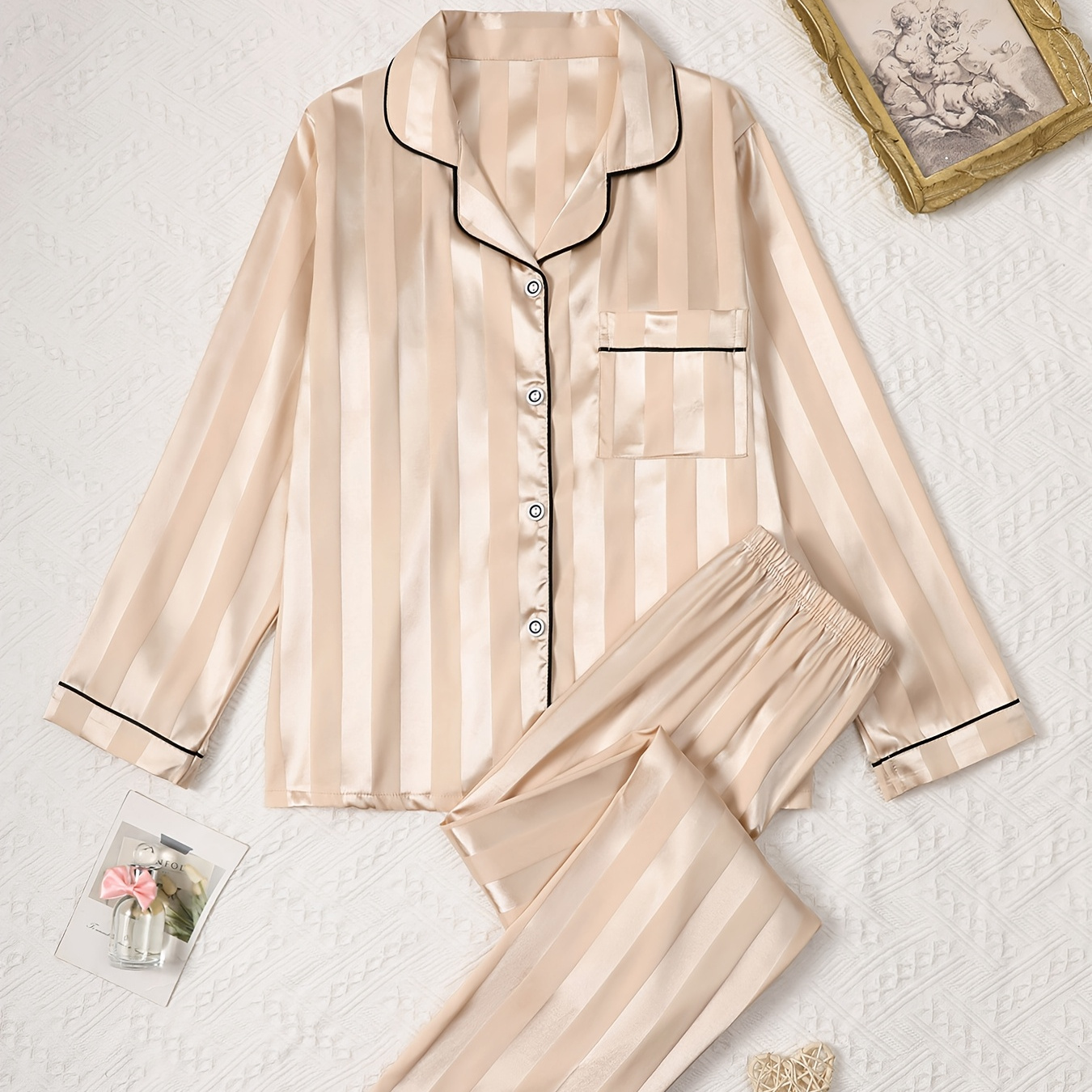 

1 Set Elegant Striped Satin Pajama Set For Women, Long Sleeve Button- With Waist Long Pants, Sleepwear, Polyester 97% Elastane 3%