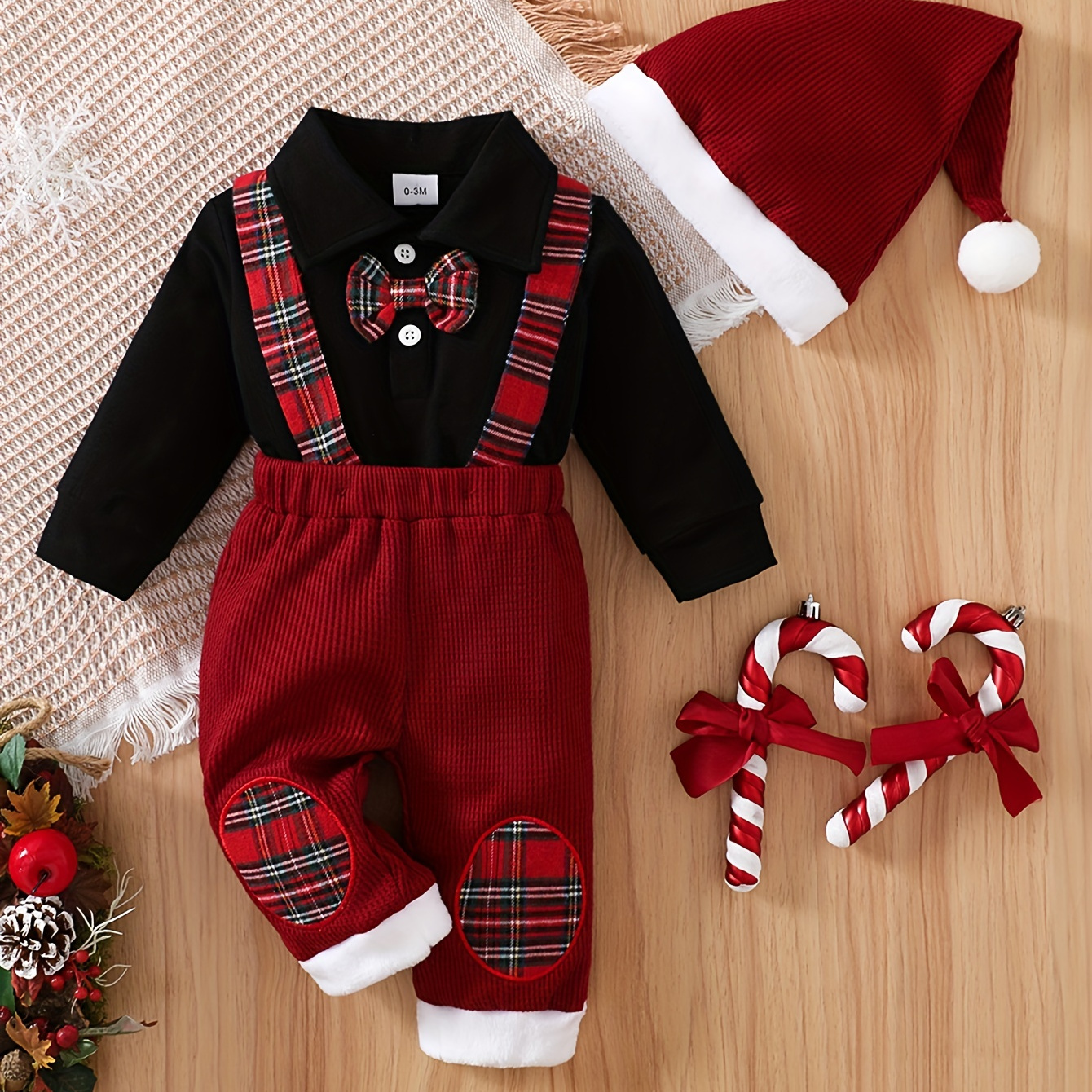 

Toddler Long + Splicing Bib Pants + Hat 3pcs Set Christmas Outfit