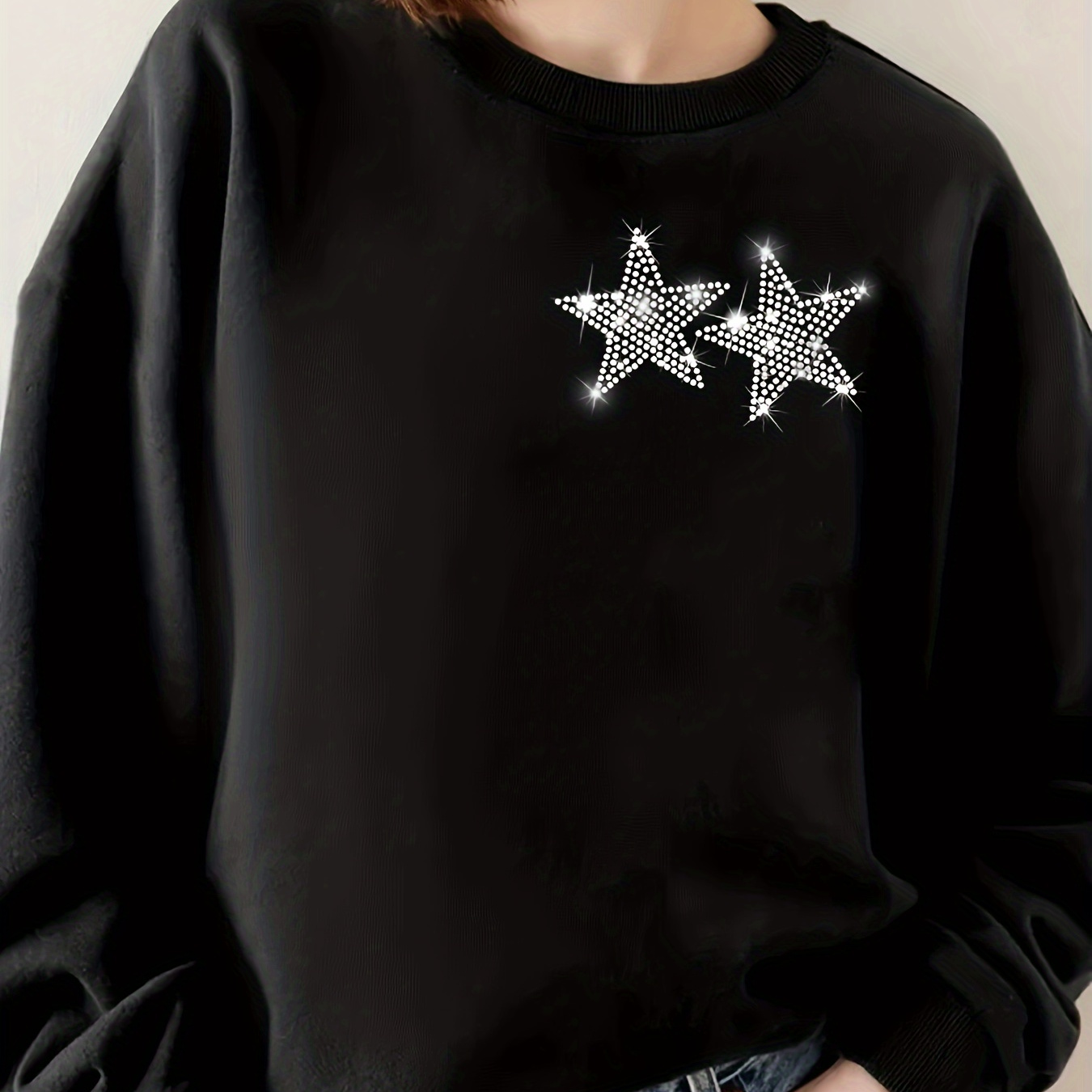

Star-shaped Rhinestone Pullover Sweatshirt, Casual Long Sleeve Crew Neck Sweatshirt For Fall & Winter, Women's Clothing
