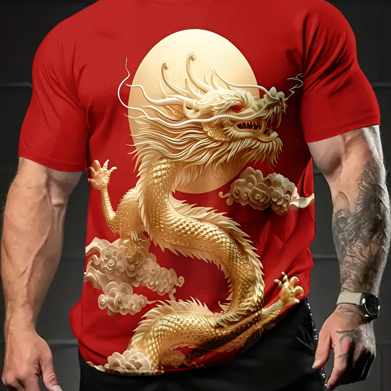 

Men's Casual Crew Neck T-shirt, Polyester Knit Fabric, Regular Fit, With 3d Dragon Print, Slight Stretch, 110g/m², For Autumn Long Sleeve Graphic Tee