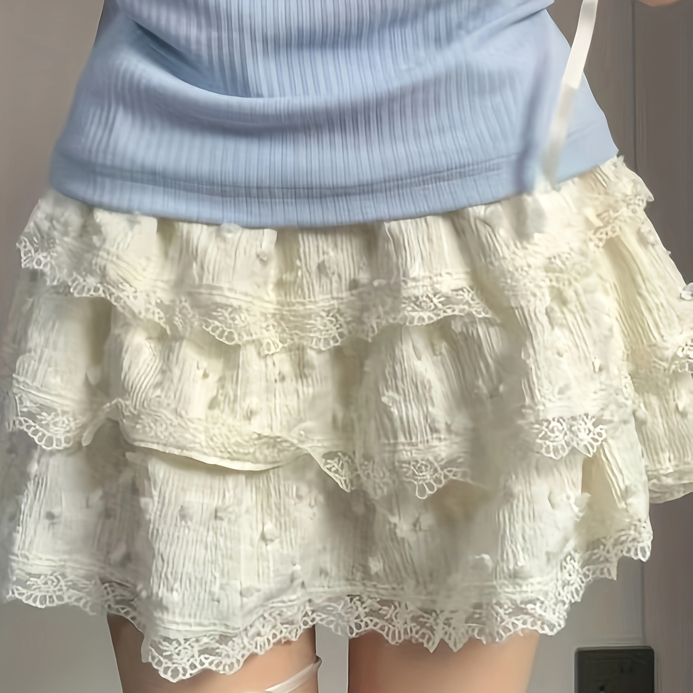Girls' High-Waisted Layered Puffed Mini Skirt with Lace Trim & Bow Tie - Creamy White Tulle Skirt for Dance, Casual Outfits, All-Season Wear
