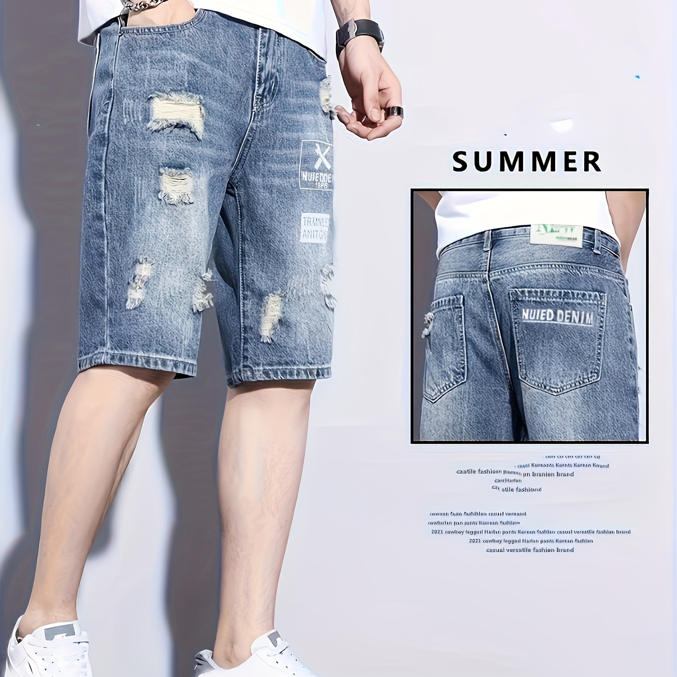 

Men's Solid Ripped Denim Shorts With Pockets, Casual Cotton Blend Jorts For Summer Outdoor Activities, Bermuda Shorts