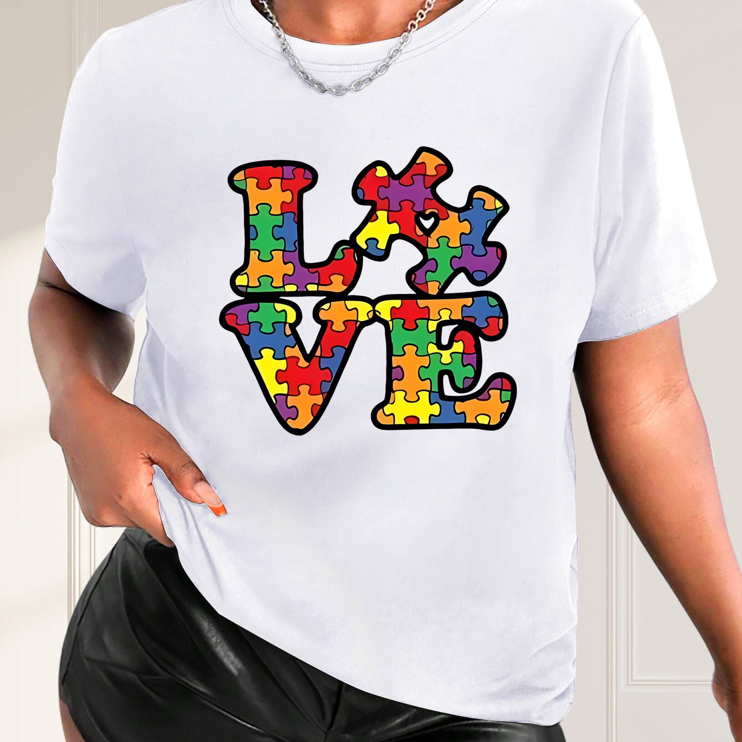 

Chic Love Puzzle Graphic Tee For Women - Casual Round Neck Short Sleeve T-shirt, Breathable Polyester, Machine Washable