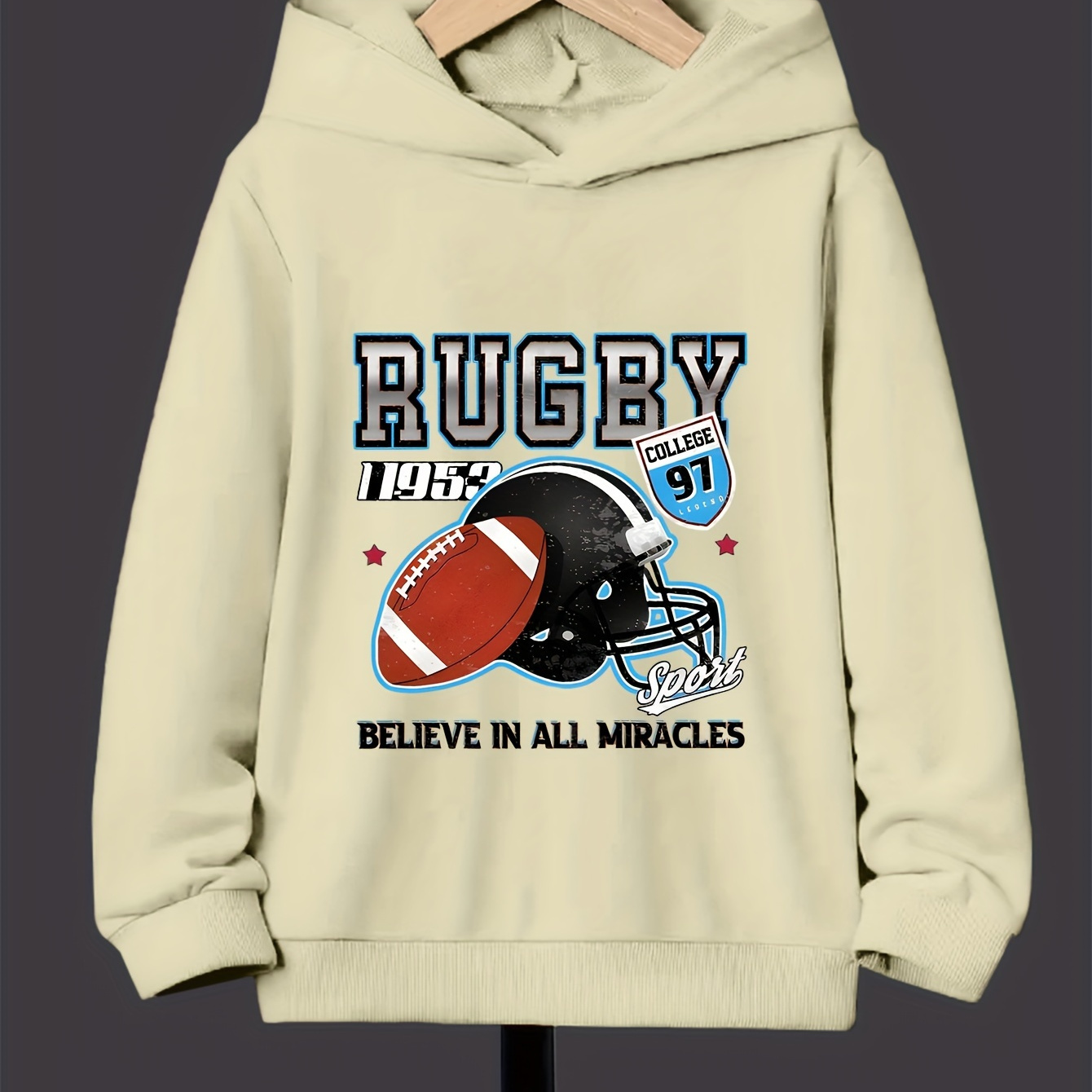 

Sweat-shirt à capuche à manches longues tendance et cool avec motif de rugby, imprimé de lettres, style décontracté, automne et hiver, pour garçons.