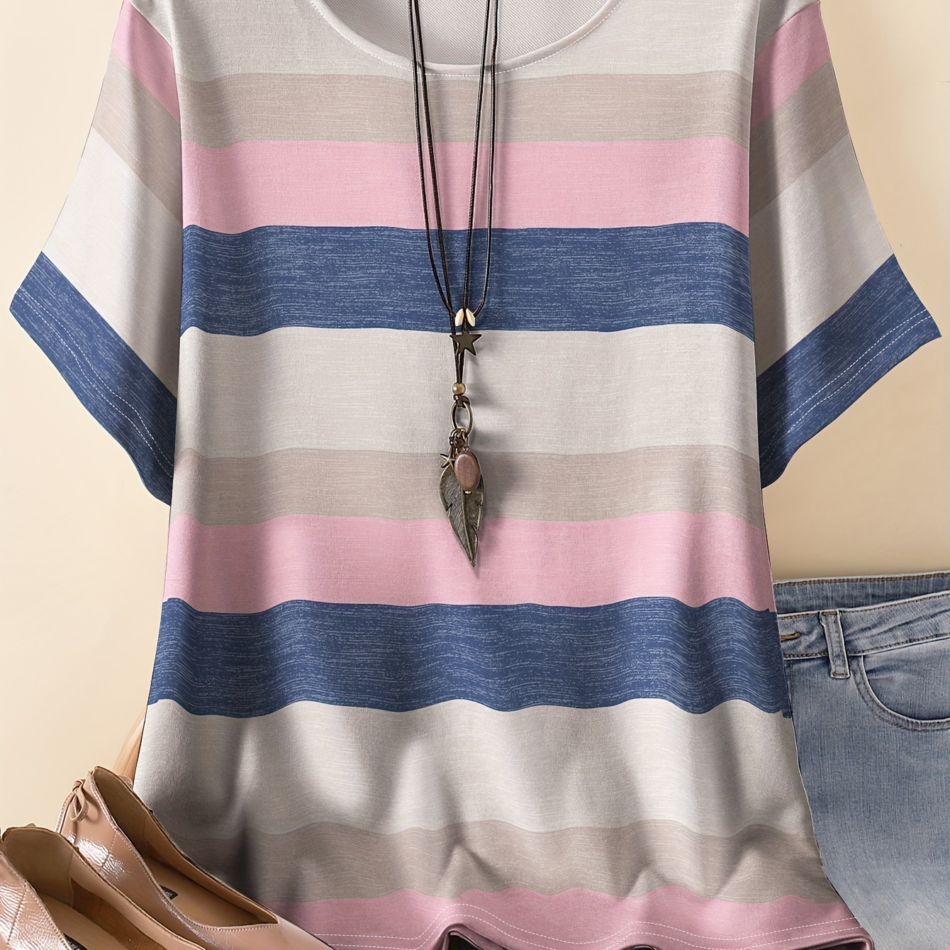 

Plus Size Colorful Striped T-shirt, Casual Short Sleeve Crew Neck Top For Spring & Summer, Women's Plus Size Clothing