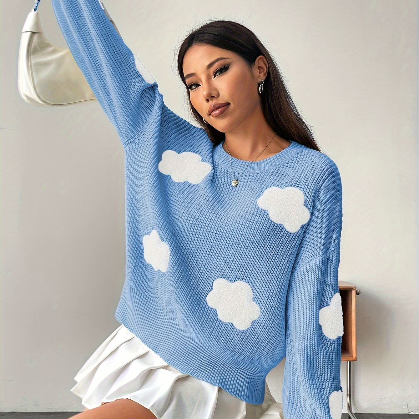

Cloud Pattern Crew Neck Pullover Sweater, Casual Long Sleeve Sweater For Fall & Winter, Women's Clothing