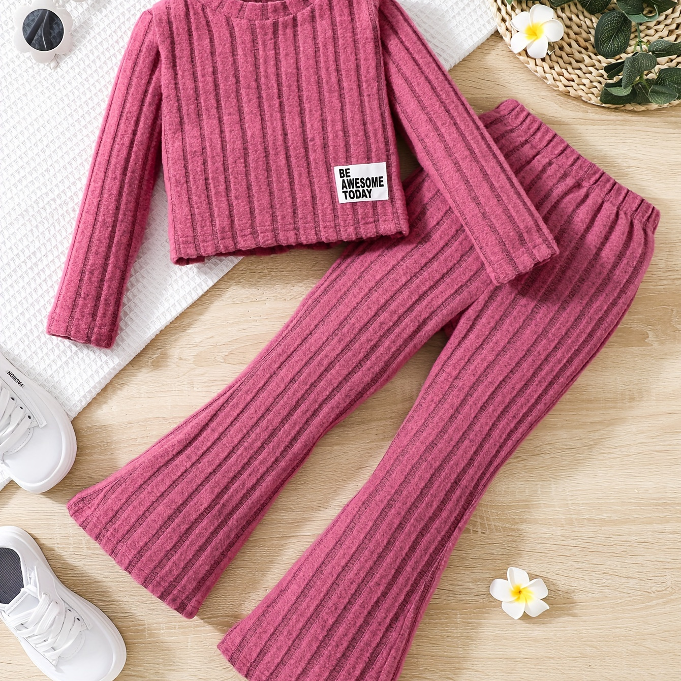 

2pcs Toddler Girls Ribbed Outfits Crew Neck Long Sleeve Pullover Top + Flare Pants Set Spring Fall Sports Gift