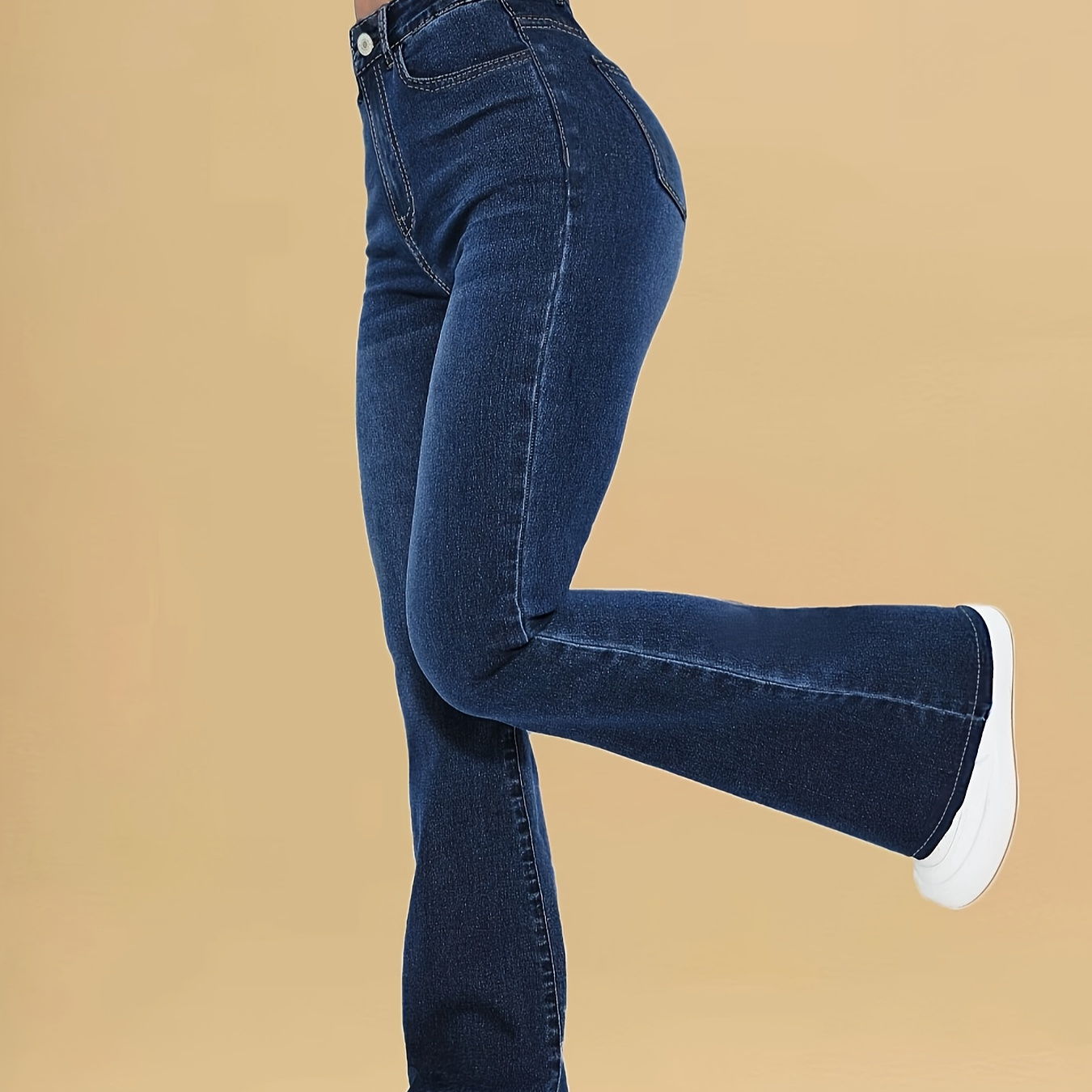 

Women's High-waisted Stretch Cotton Jeans With Polyester And Spandex, Elegant Design, Long Length, Four-season Wear, Zipper Closure, Knit Fabric, No Print