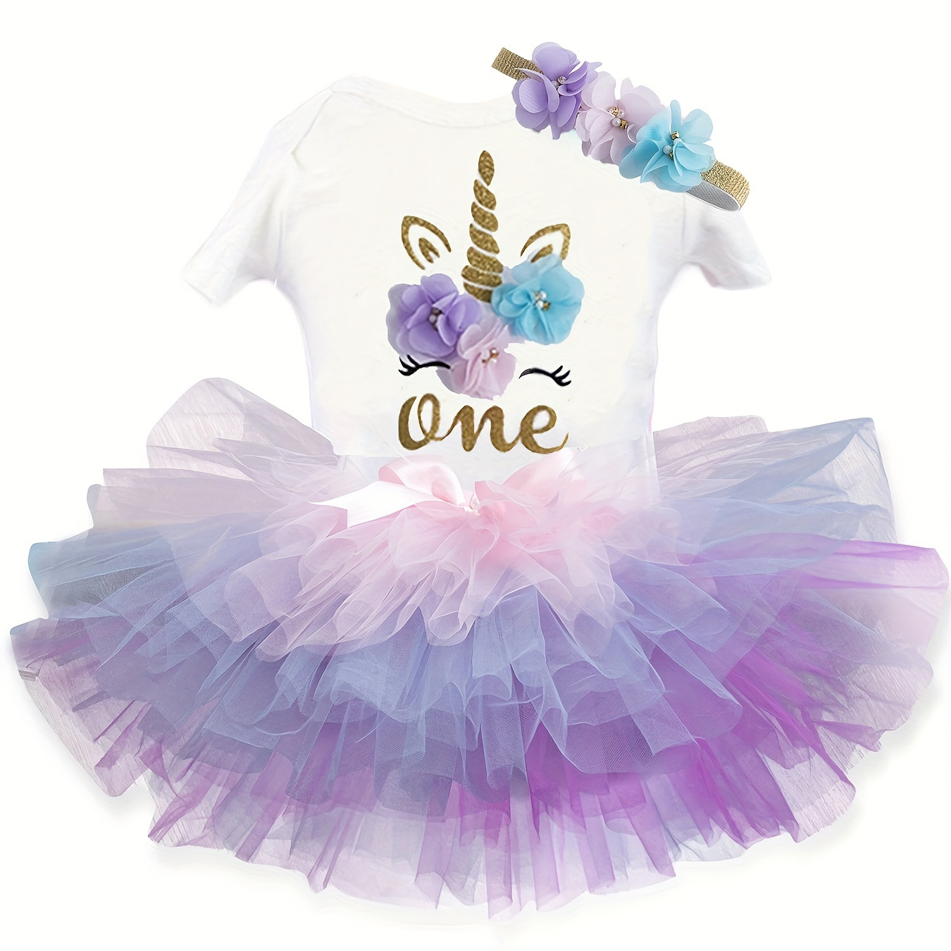 

2pcs Baby Infant Girl's Cute Unicorn First Birthday Party Outfits Sets Short Sleeve Romper & Rainbow Tutu Skirt & Headband Set Clothes