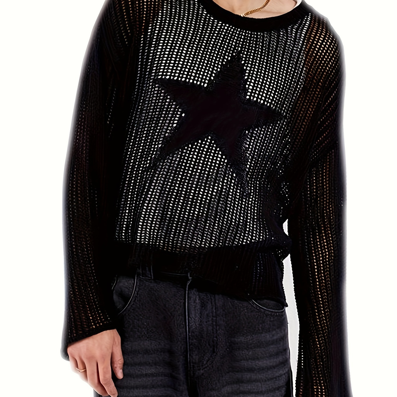 

Plus Size Men's Solid Knit Hollow Sweater With Star Pattern, Stylish Long Sleeve Tops