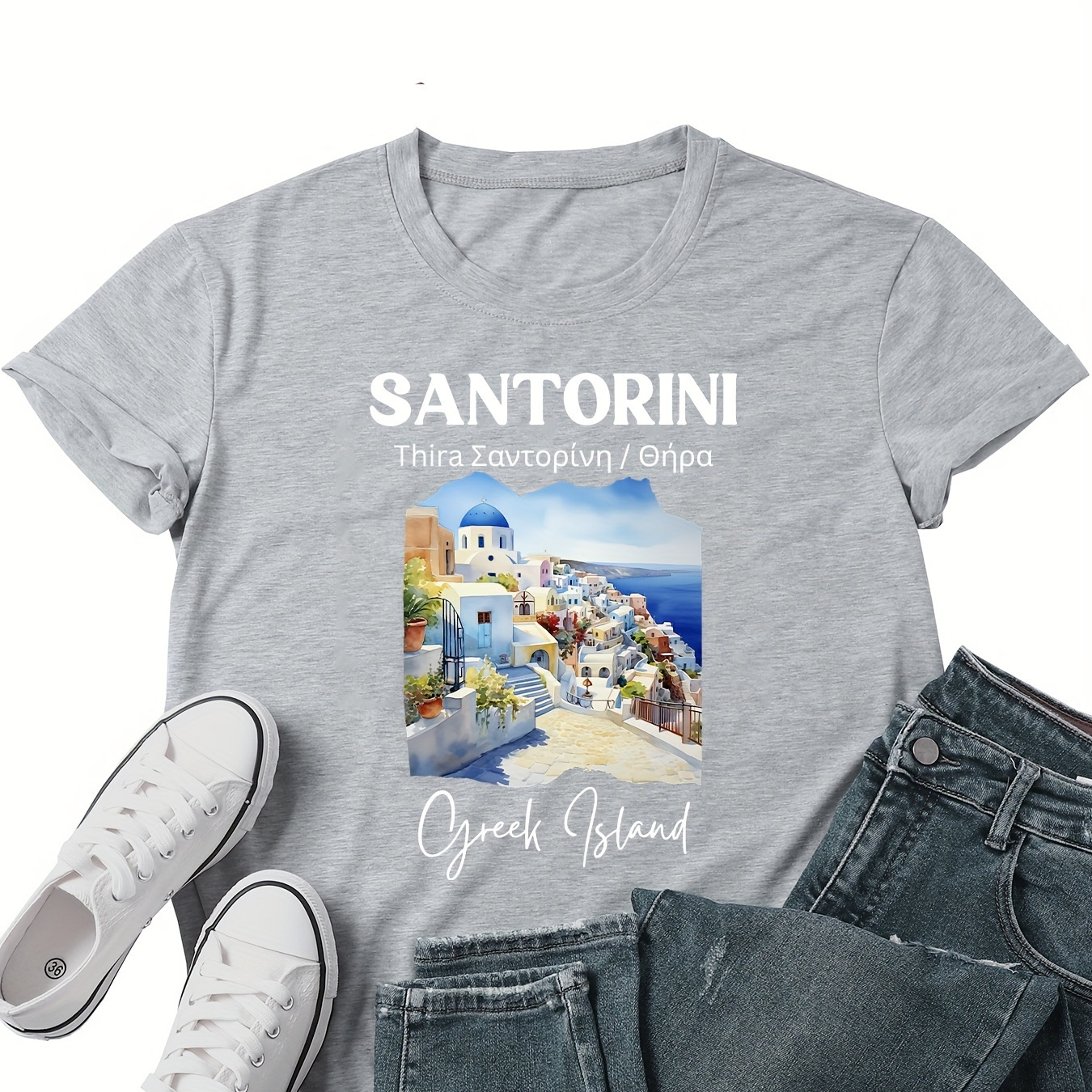 

Santorini Print Crew Neck T-shirt, Short Sleeve Casual Top For Summer & Spring, Women's Clothing