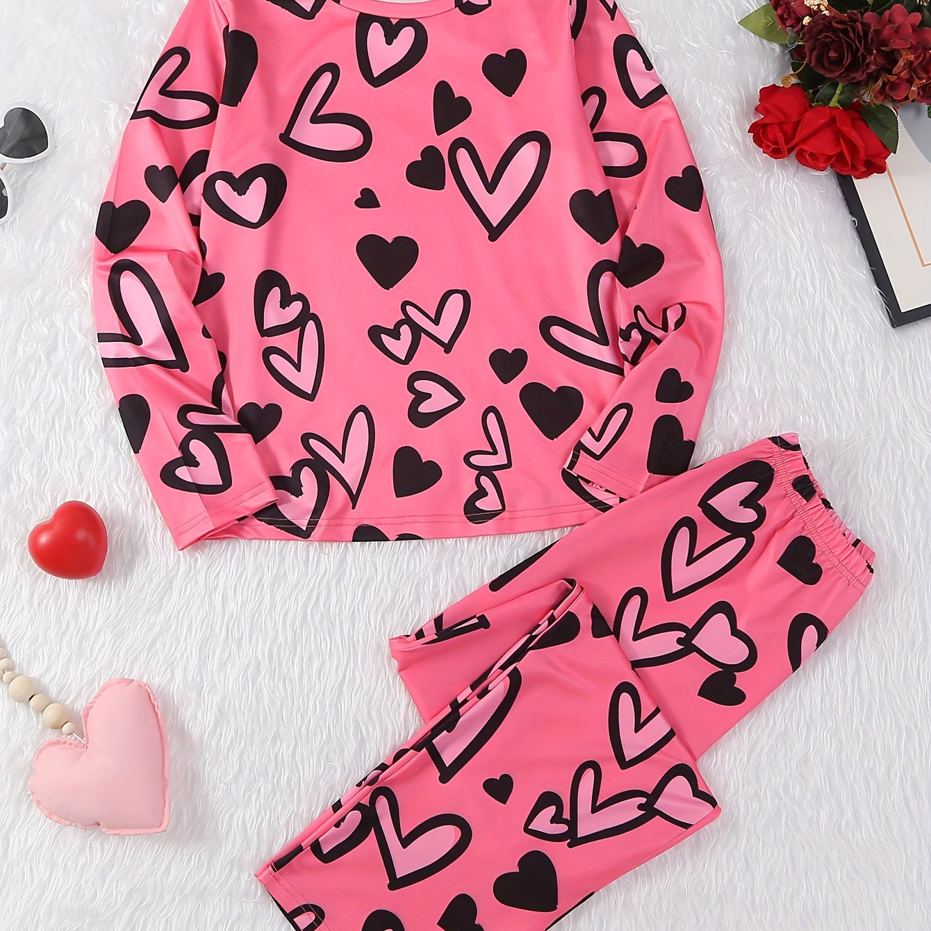 Casual Heart Print Fleece Pajama Set, Long Sleeve Crew Neck Top & Elastic  Pants For Valentine's Day, Women's Sleepwear & Loungewear