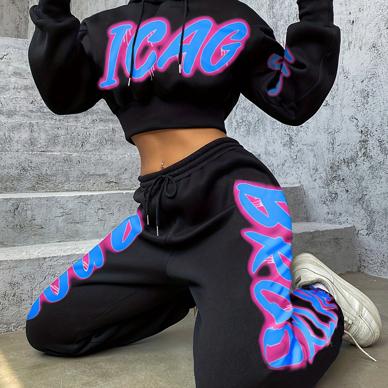 

2 Pcs Letter Print Hoodie & Sweatpants Set, Long Sleeve Crop Drawstring Hoodie & Jogger Sweatpants, Women's Clothing