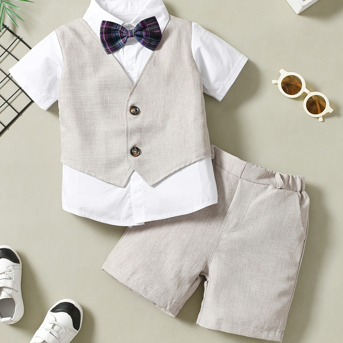 

Boys Gentleman Outfit Short Sleeve Button Vest Patchwork Shirt With Bowtie & Shorts Set Kids Clothes